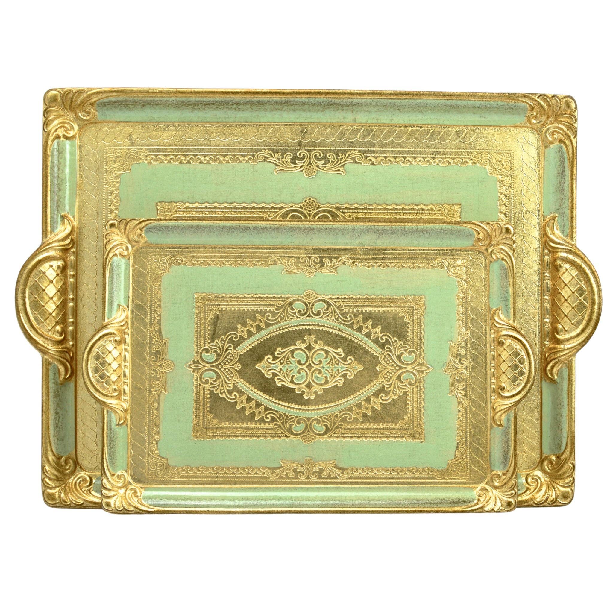Florentine Carved Rectangle Tray with Handles, M or L, Made in Italy: Cappuccino / Medium