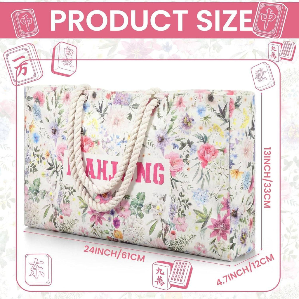American Mahjong Storage Bag Set, Beige Floral Print 3-Piece Organizer: Light-blue