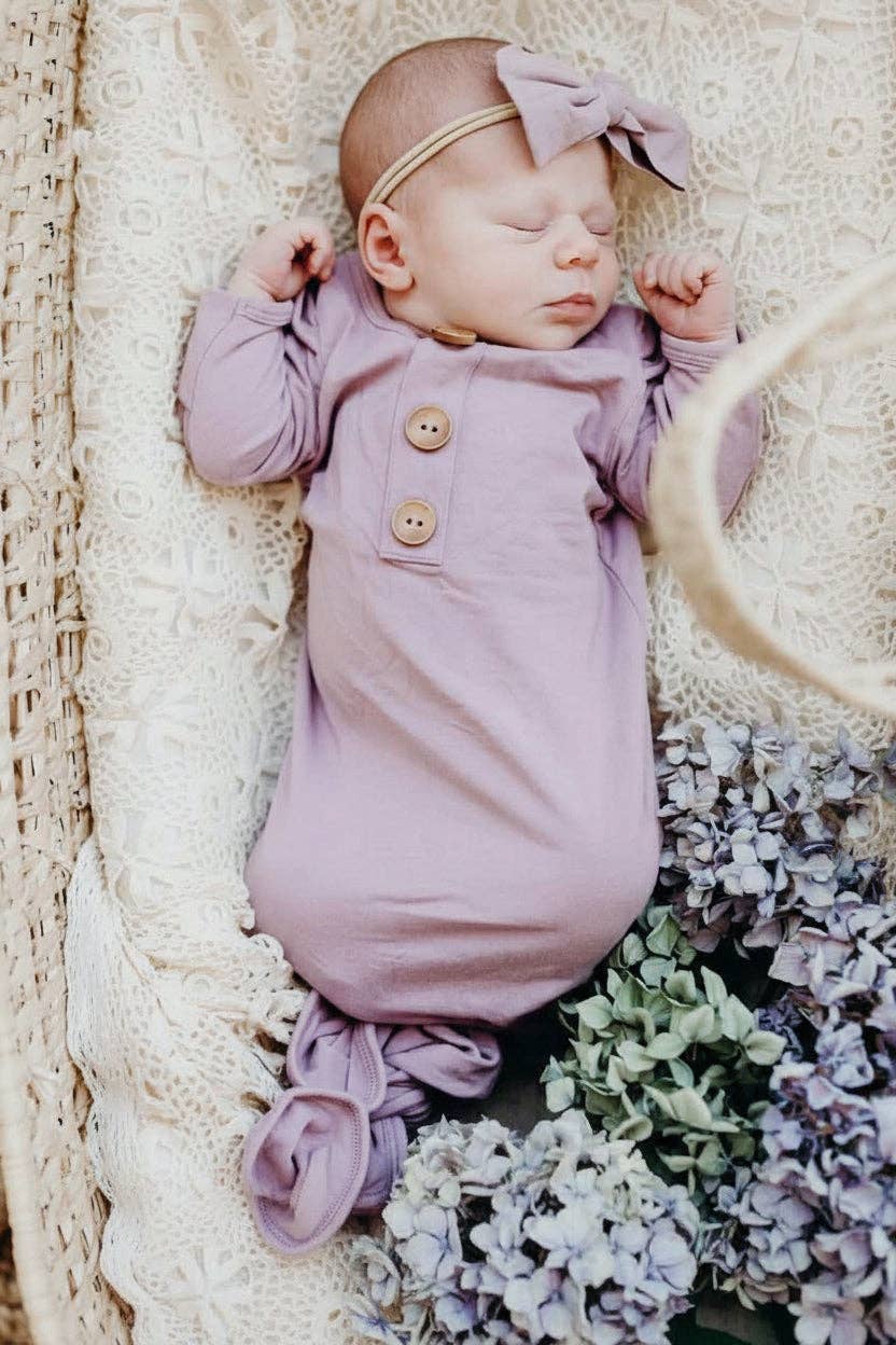 Dusty Purple Bamboo Knotted Gown & Hat: Newborn / 7-14lbs+