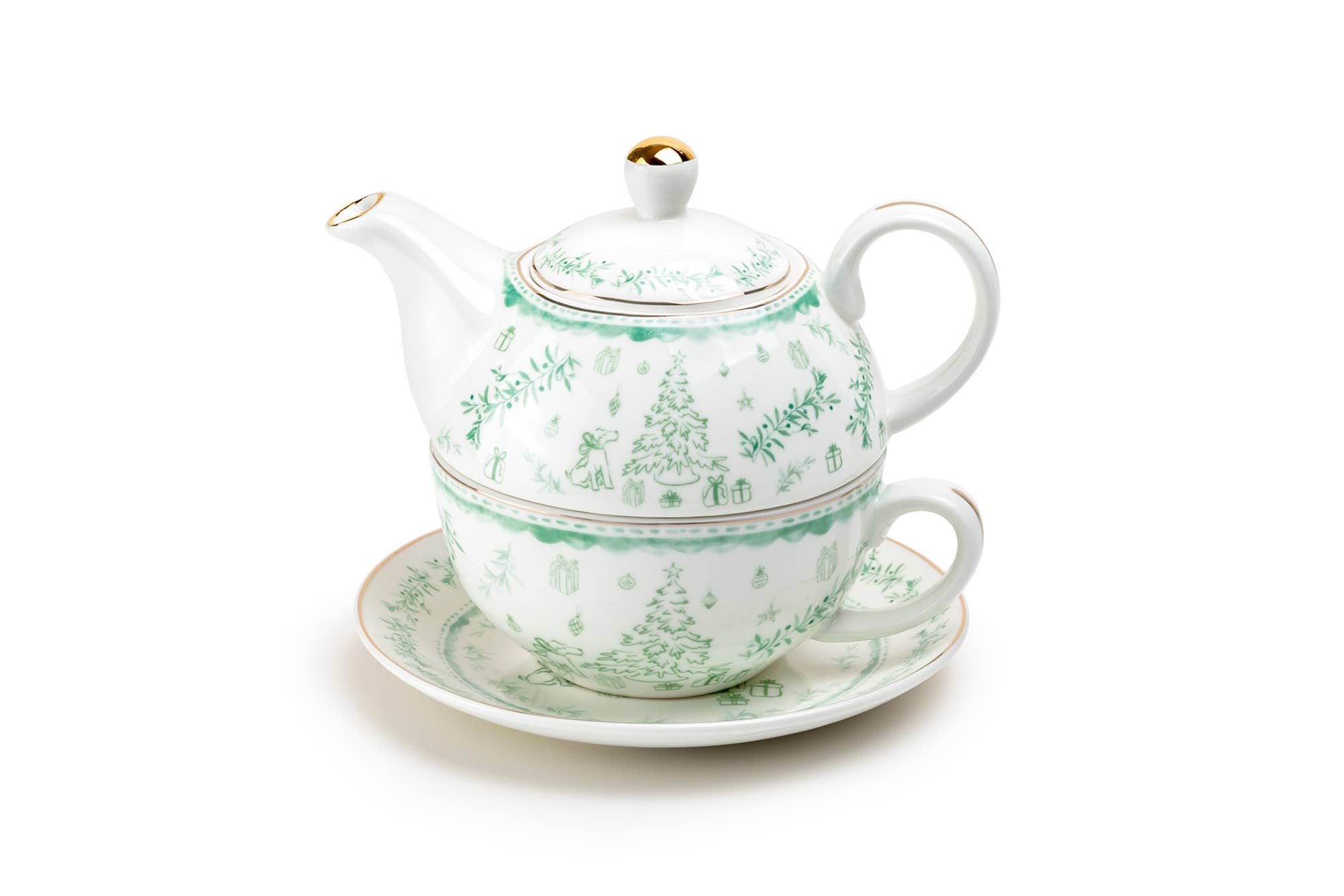 Festive Pup and Tree Fine Porcelain Tea For One Set