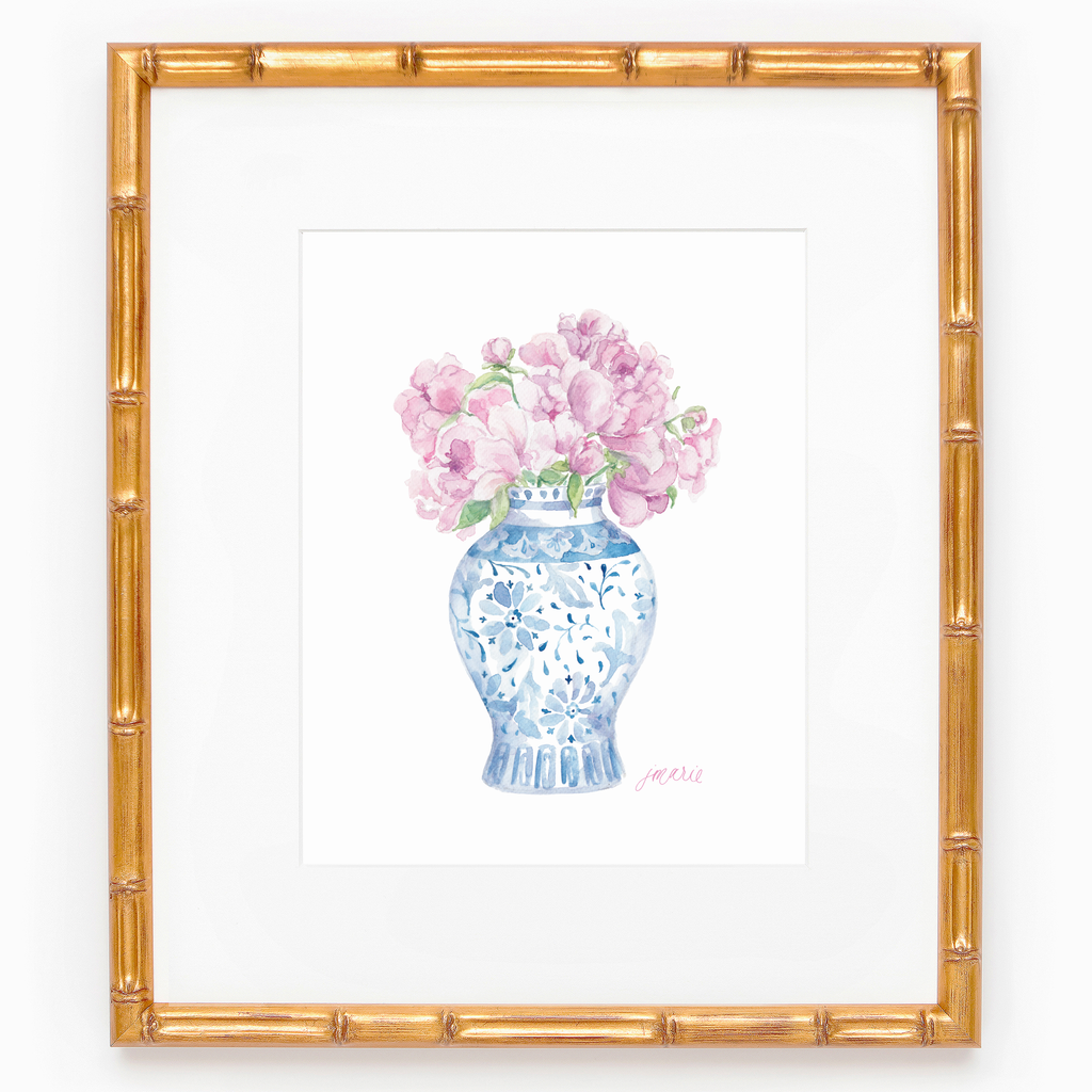 Ginger Jar with Peonies Watercolor Art Print: 5x7