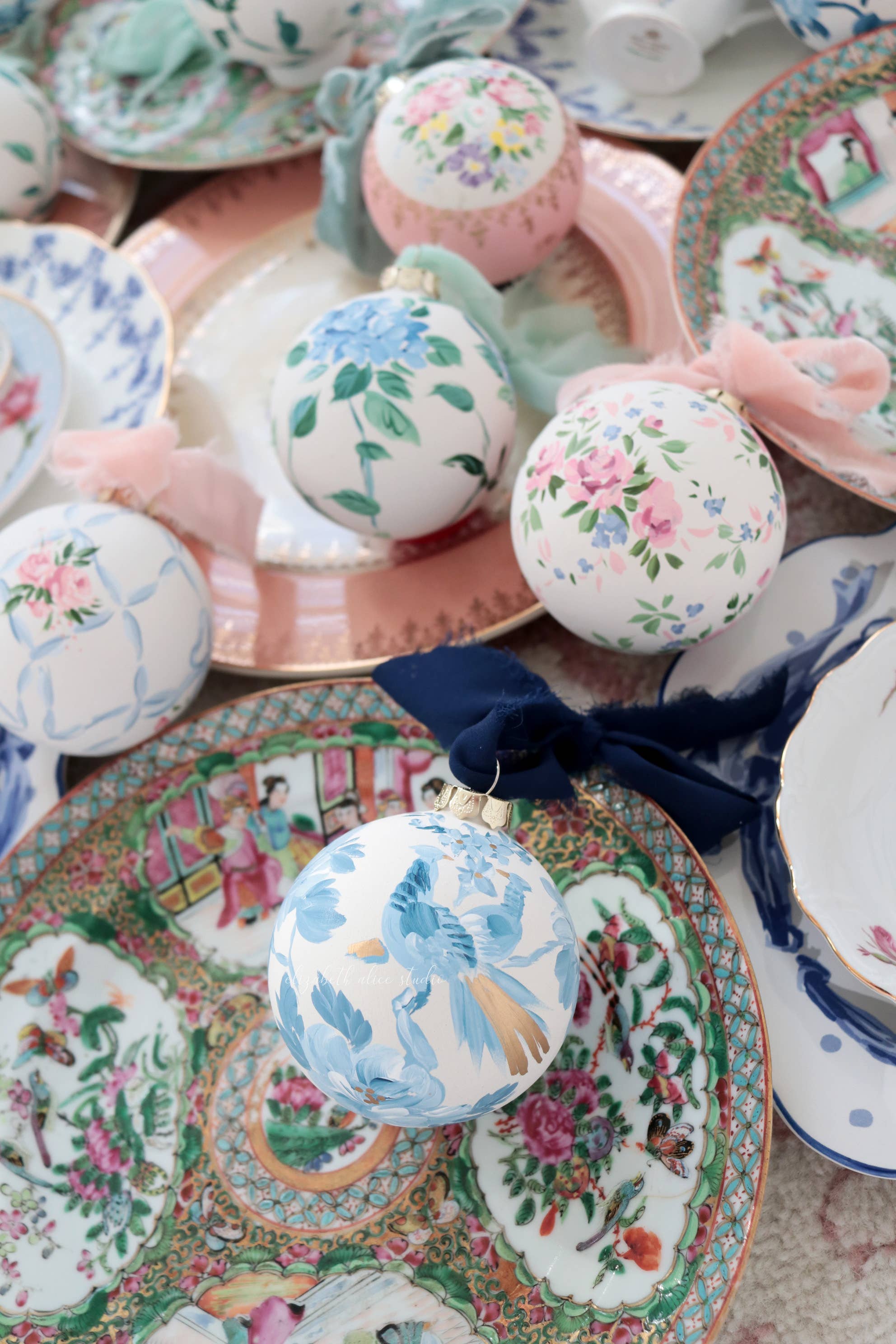 Peacock and peony hand-painted ornament