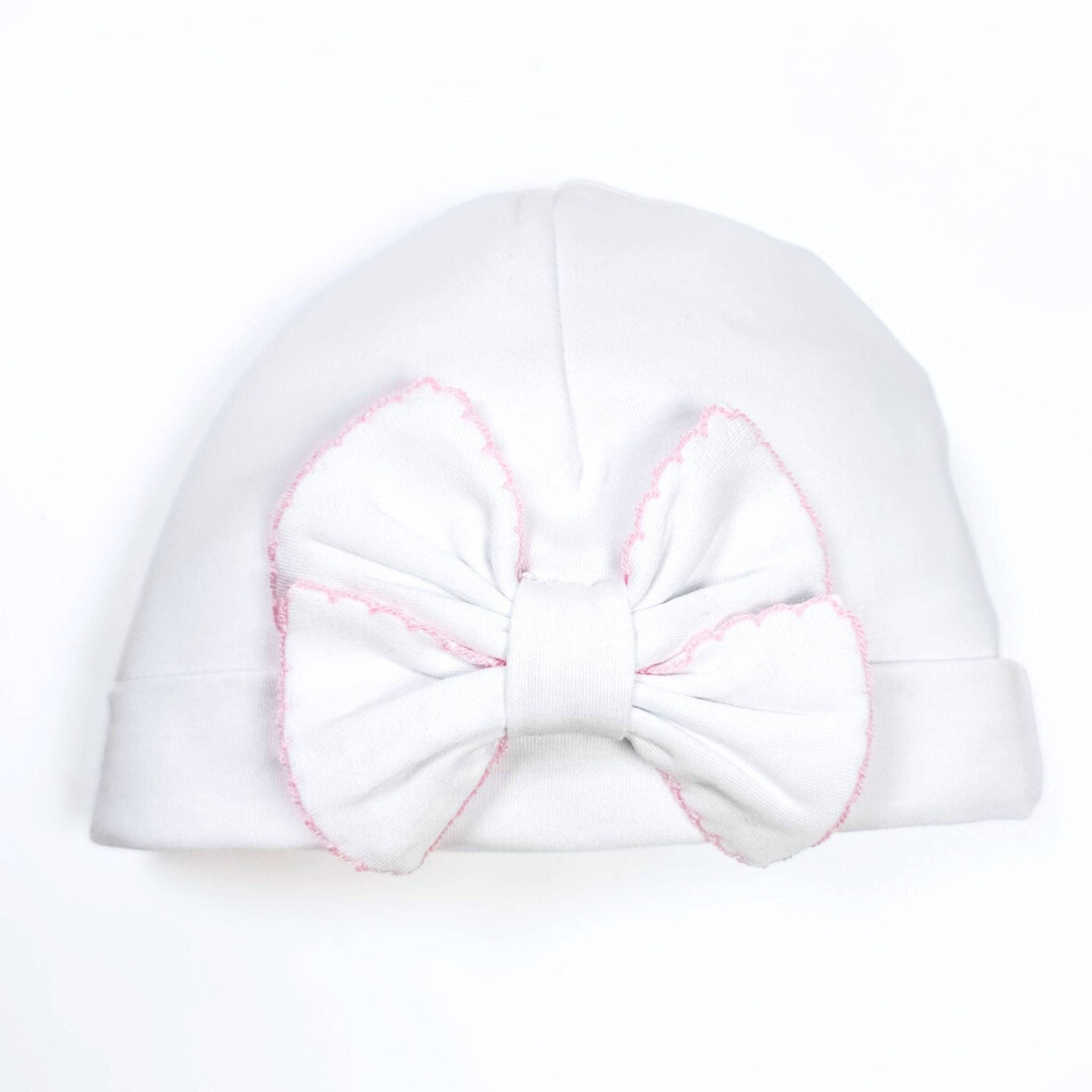 Essentials Solid Bow Hat - White Pink: Newborn