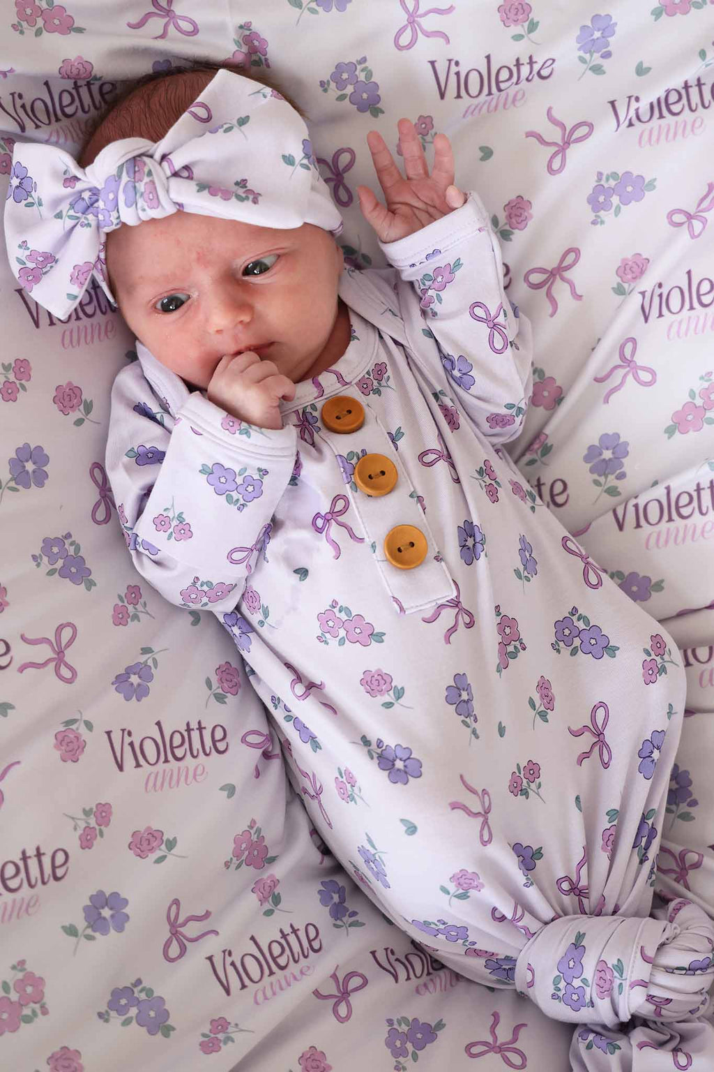 Ribbon & Roses Newborn Baby Knot Gown & Hat Set | Purple