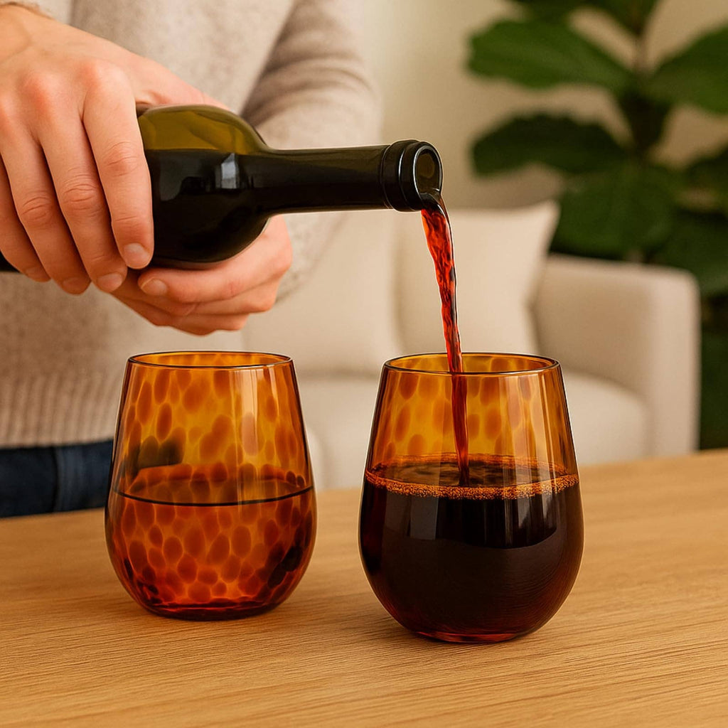 Leopard Print Amber Colored Stemless Wine Glass |  Set of 2