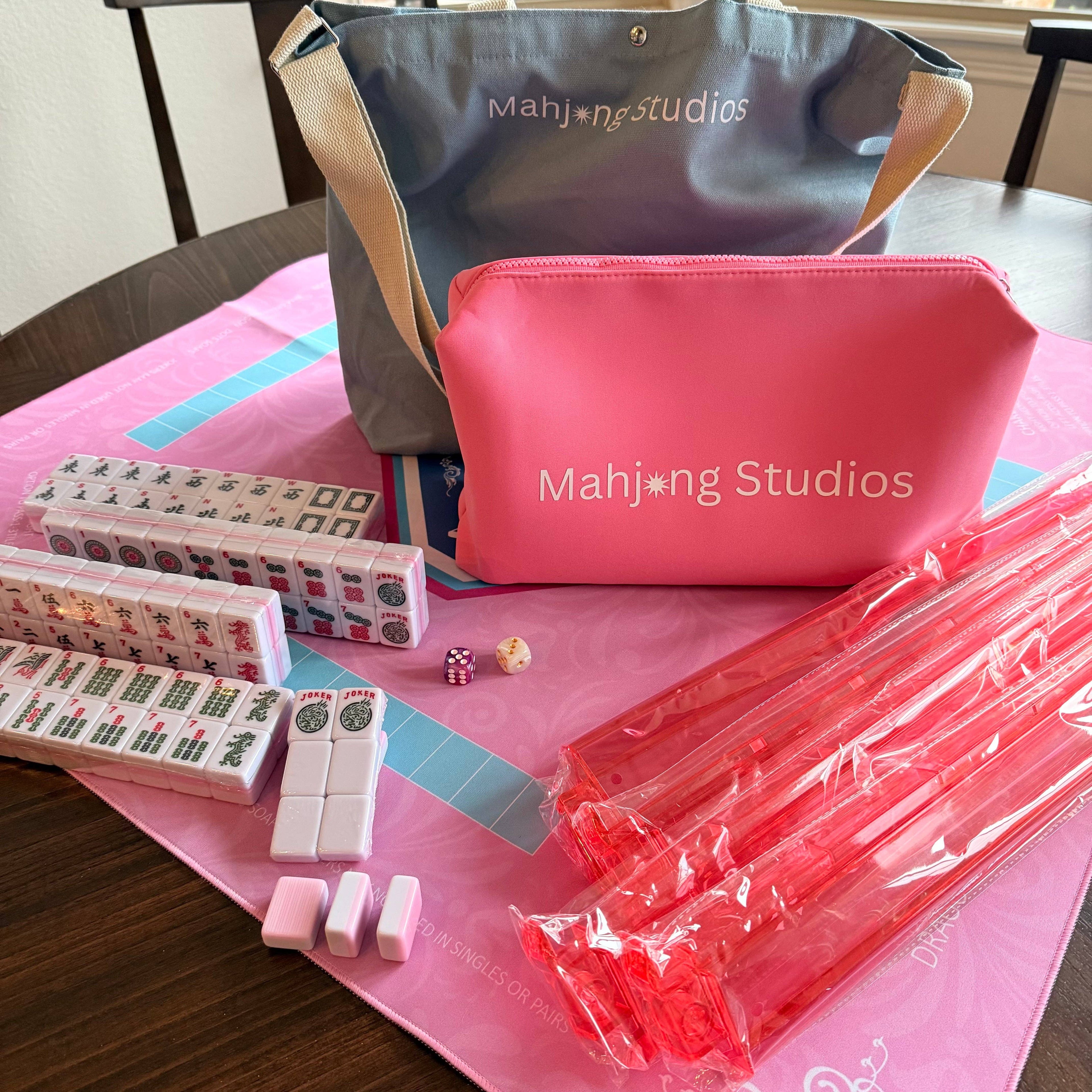 All In One - Mahjong Bundle - American Mahjong Set 166 Tiles - Blue & Tan Bag Pink Mat 2-color Pink Tiles: Purple