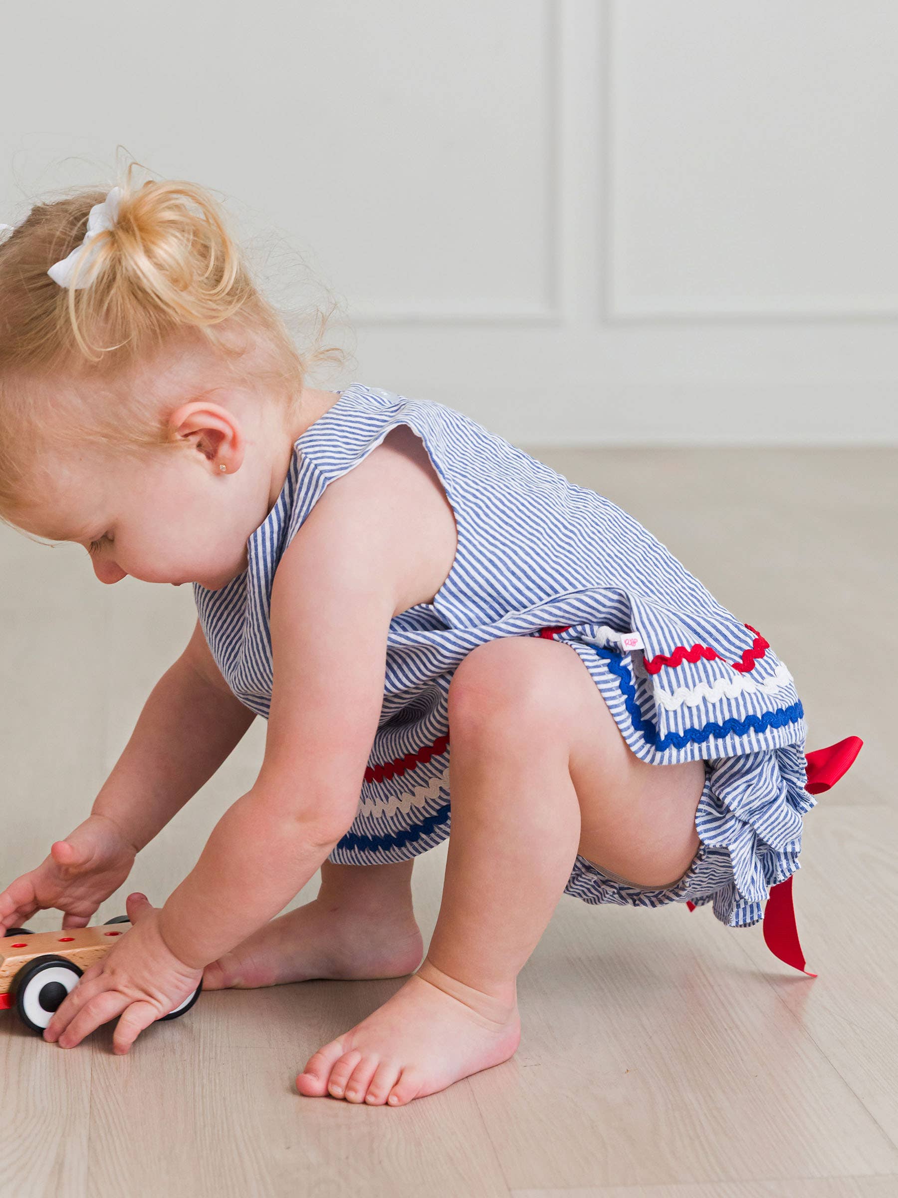 Baby Girls Americana Classic Blue Seersucker Ric Rac Swing Top & Bloomer Set: 2T