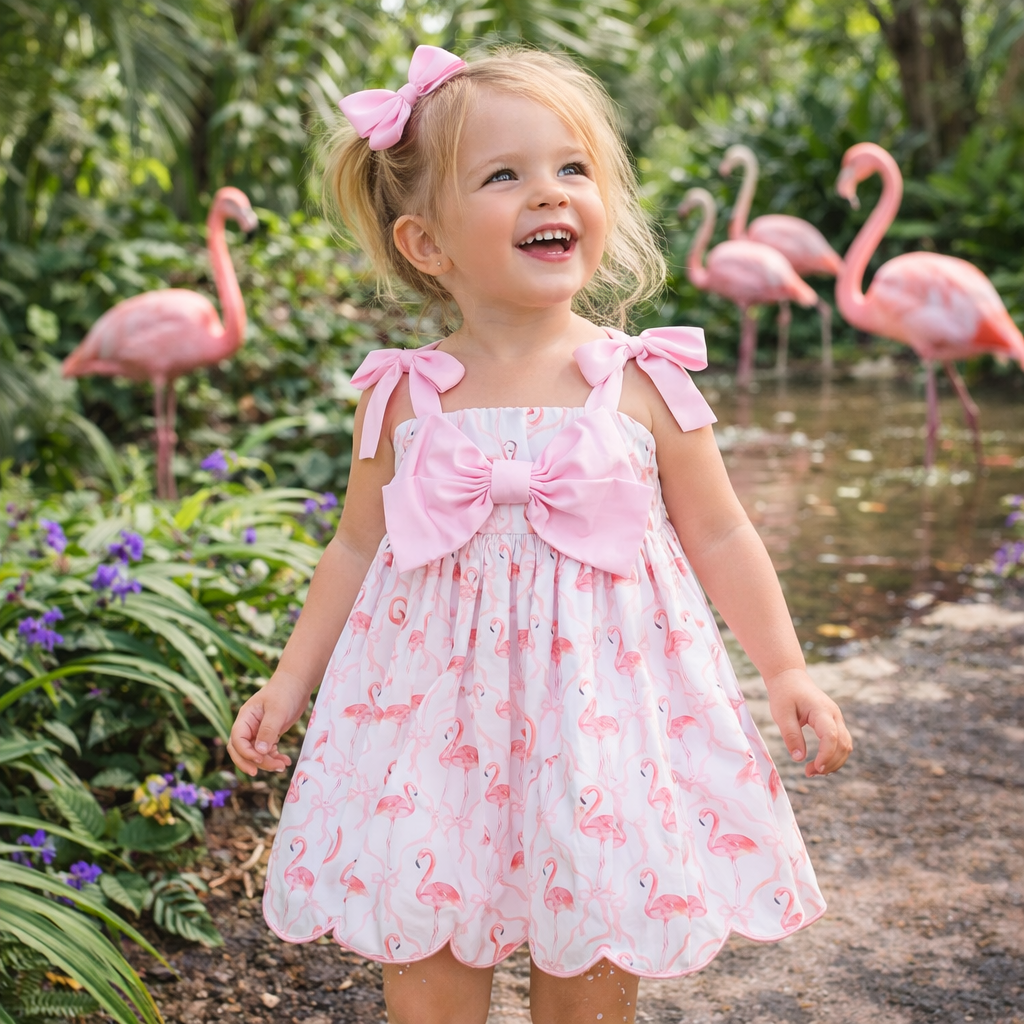 Girls Pink Bow Flamingo Dress: 4T