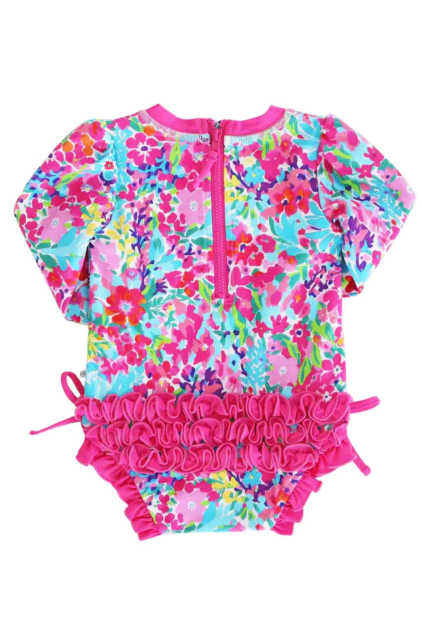 Long Sleeve Rash Guard With Ruffle Bottom | Petal Splash: 0-3 months