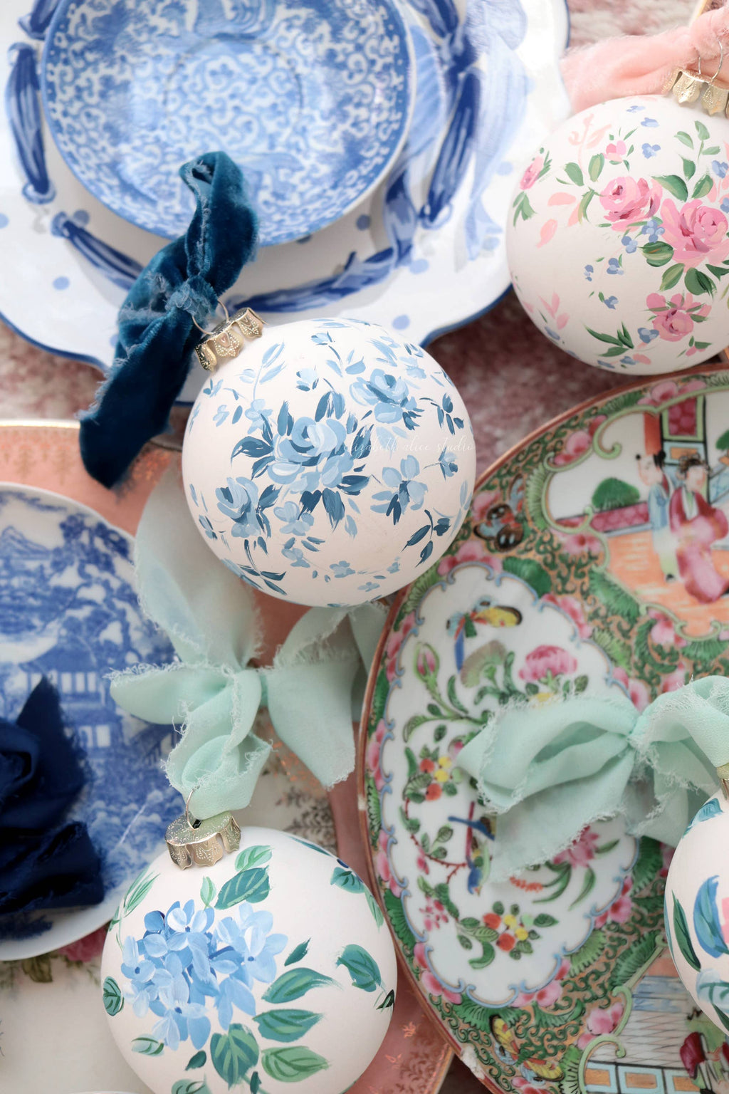 Blue vintage rose hand-painted ornament