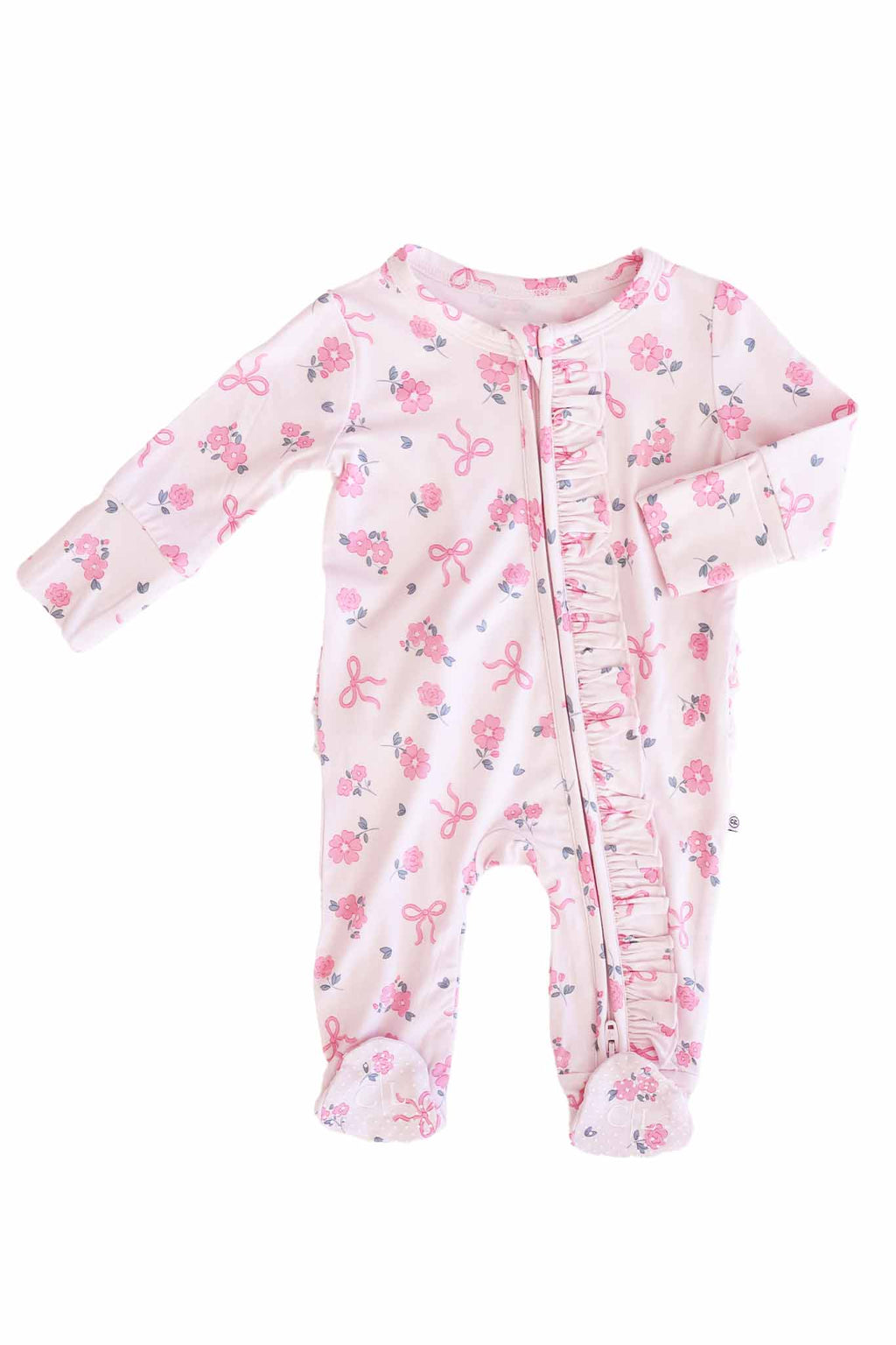 Ribbon & Roses Ruffle Zipper Footie | Pink: 6-9 months