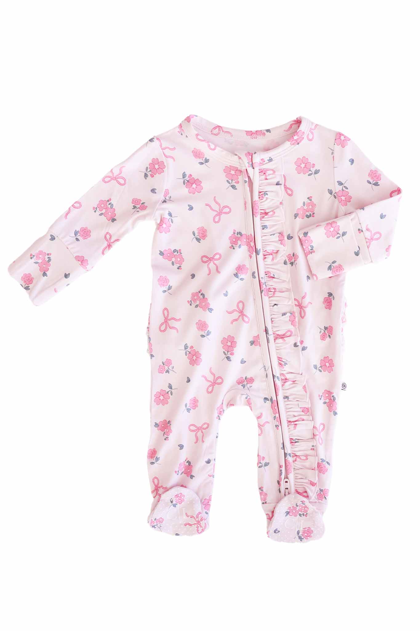 Ribbon & Roses Ruffle Zipper Footie | Pink: 6-9 months