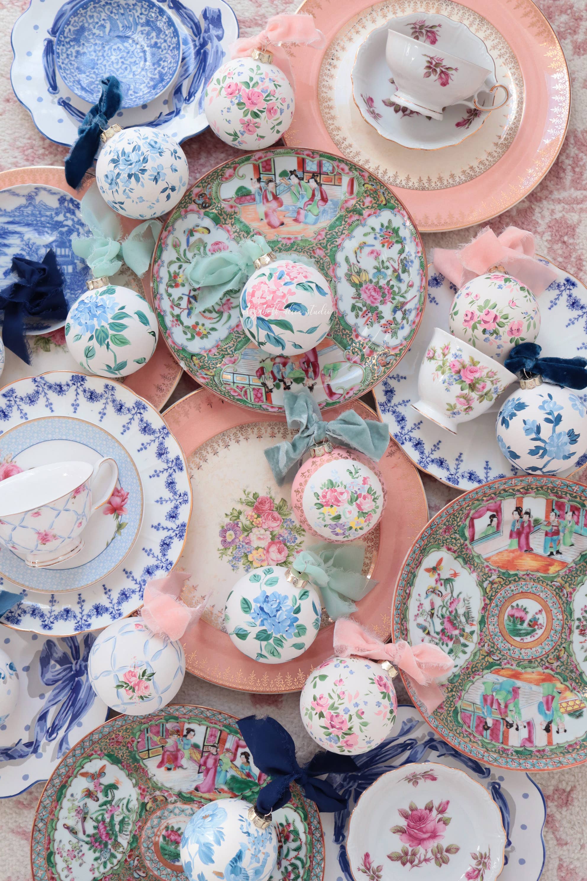 Ribbon trellis and rose hand-painted ornament