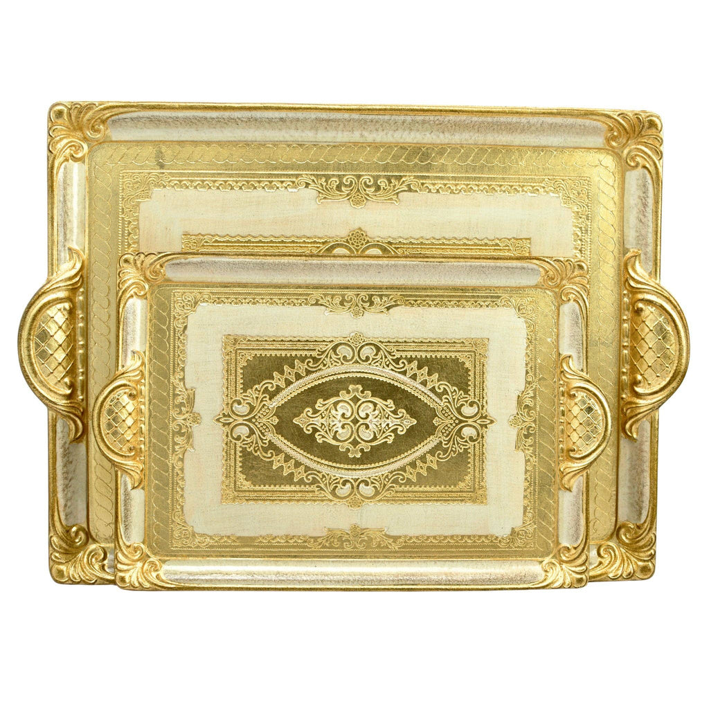 Florentine Carved Rectangle Tray with Handles, M or L, Made in Italy: Cappuccino / Medium