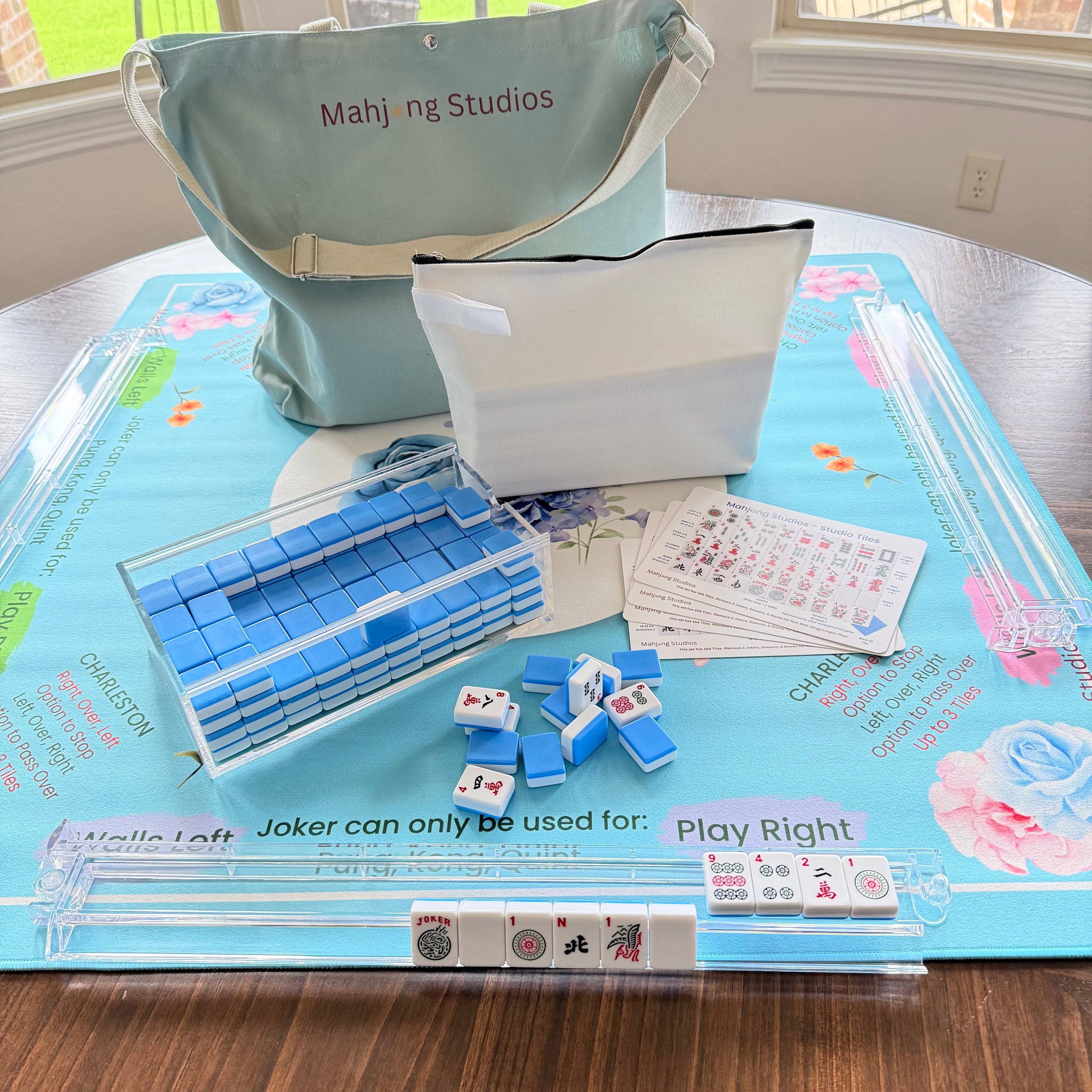 Blue Mahjong Tiles Bundle – American Mahjong 166 Tiles, Studio Tiles Clear Racks Teal Mat: Tiles +Dice & Instructions - BRAND NEW - but some are open.