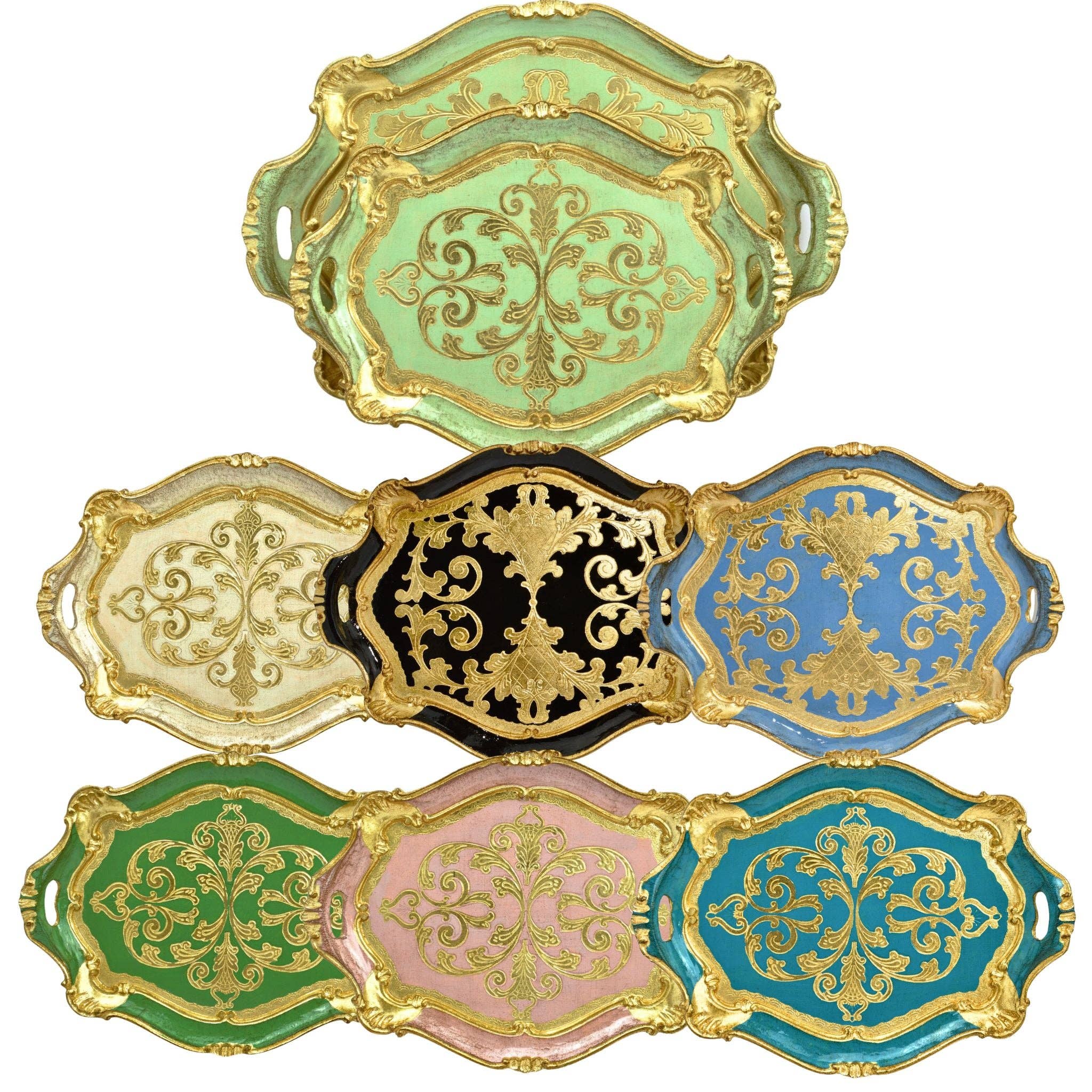 Florentine Carved Oval Scalloped Wood Tray with Handles: Cappuccino / Medium