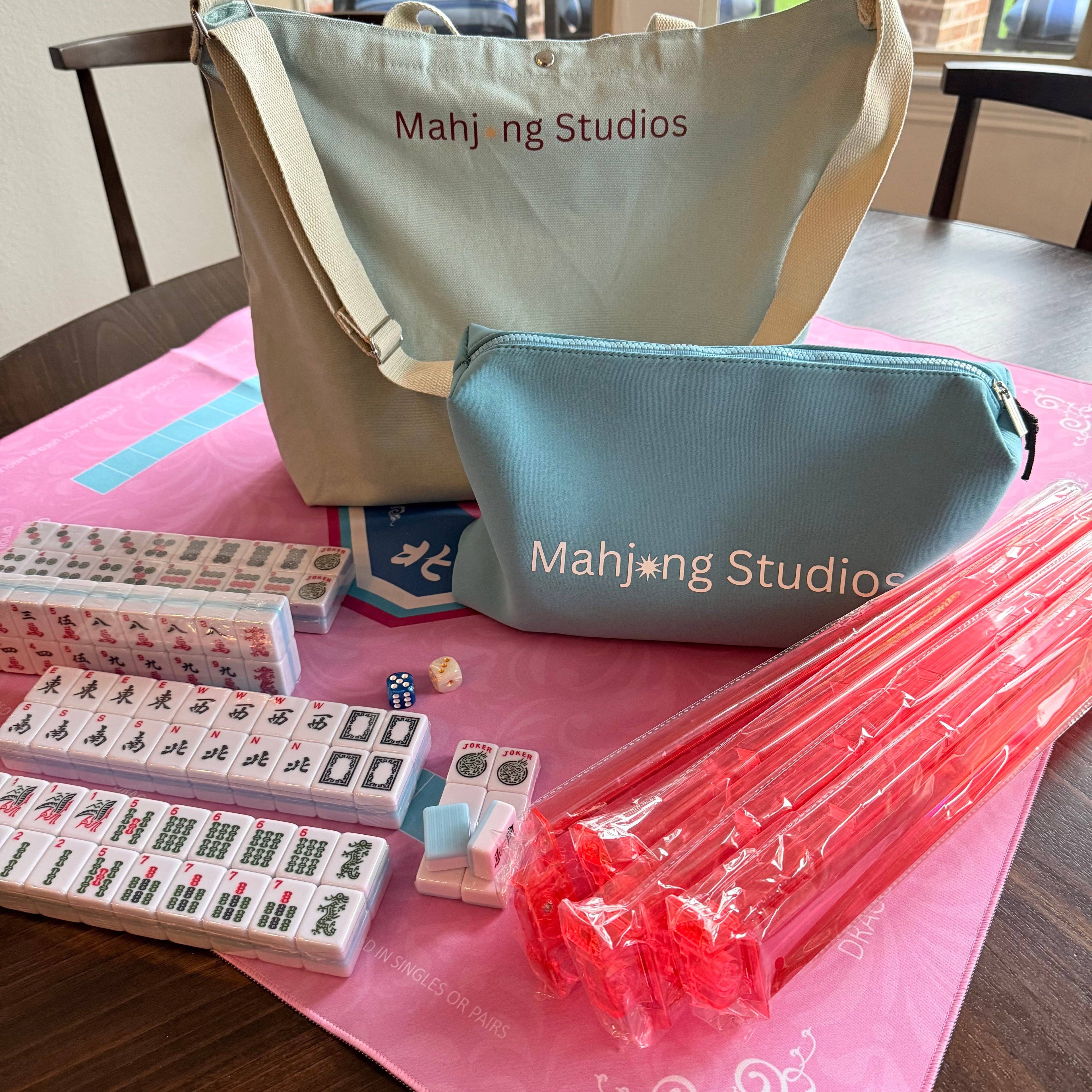 American Mahjong Set 166 Tiles Bundle - Green Bag Pink Mat 2-color blue tiles: Bright Multi