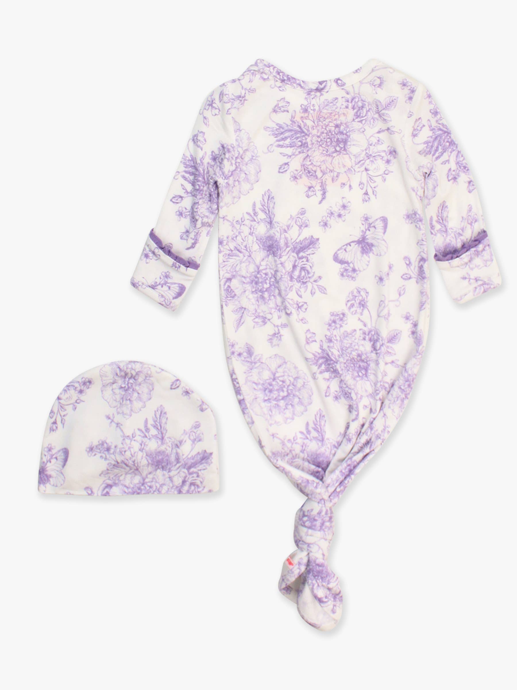 SoftSnooze™ Baby Girls Bamboo Viscose Wisteria Purple Butterfly Garden Toile Ruffle Knotted Sleep Gown & Bow Hat Set: Purple / Newborn-3m