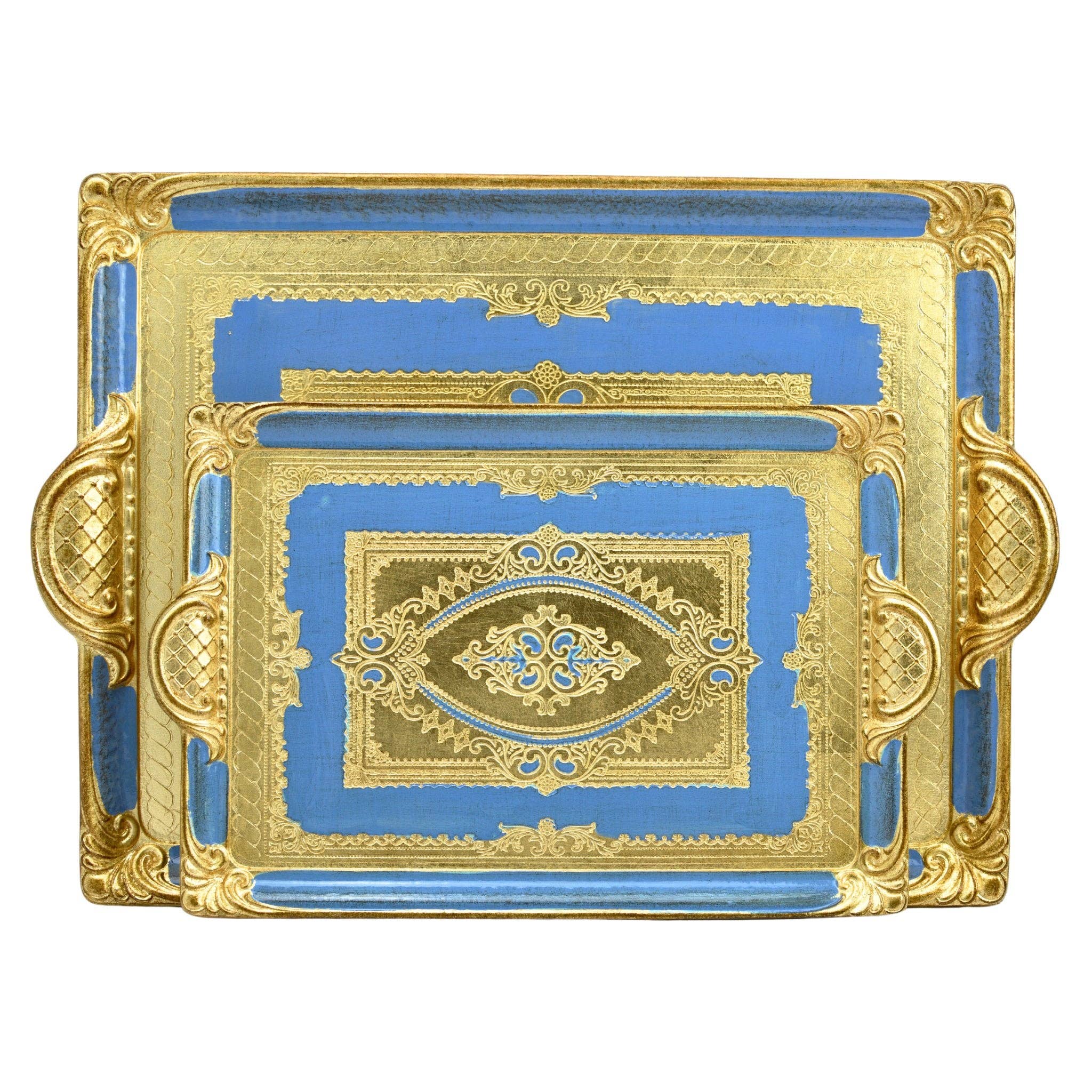 Florentine Carved Rectangle Tray with Handles, M or L, Made in Italy: Cappuccino / Medium