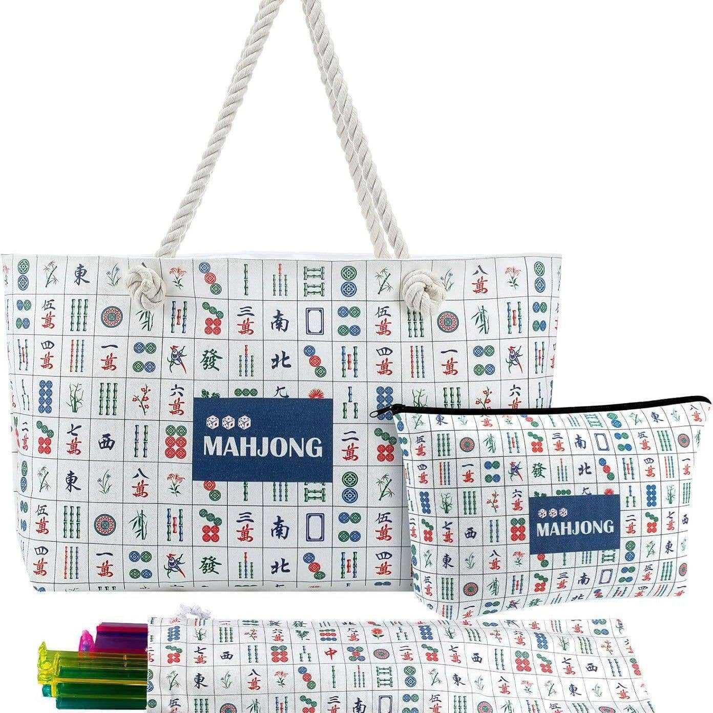 American Mahjong Storage Bag Set, Beige Floral Print 3-Piece Organizer: White