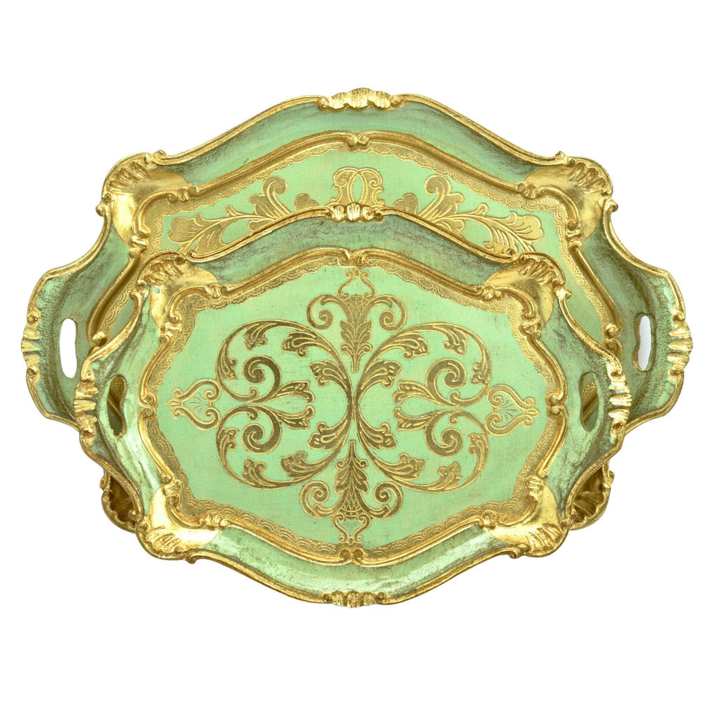 Florentine Carved Oval Scalloped Wood Tray with Handles: Capri Blue / Medium