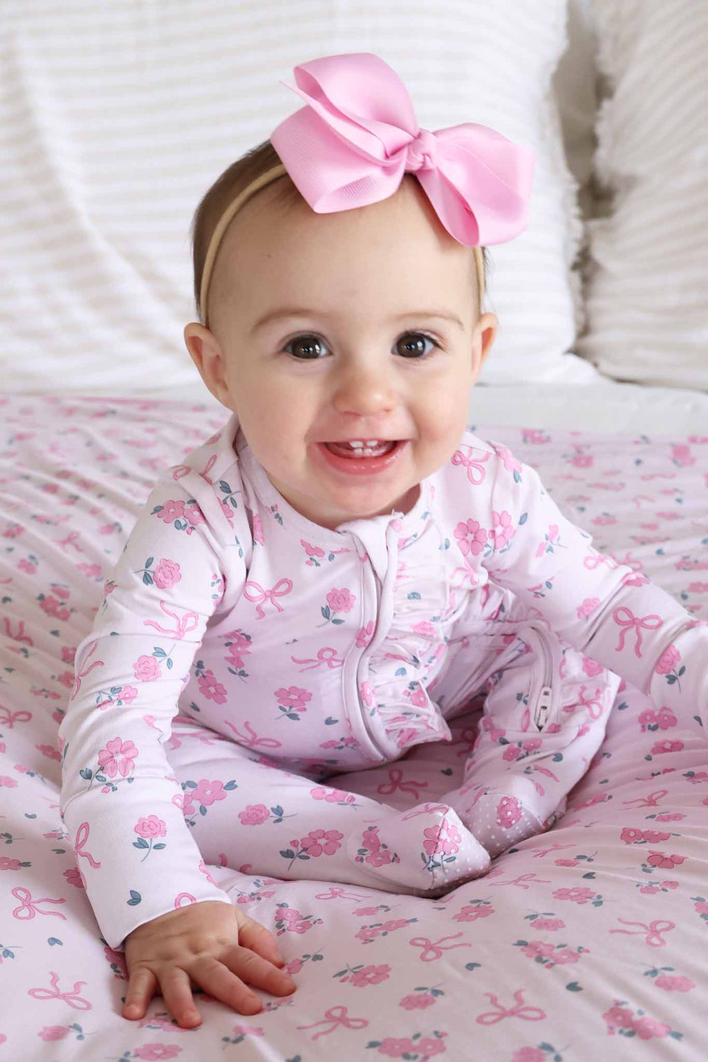 Ribbon & Roses Ruffle Zipper Footie | Pink: 6-9 months