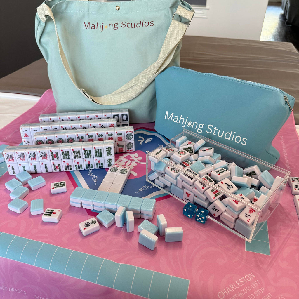 American Mahjong Set 166 Tiles Bundle - Green Bag Pink Mat 2-color blue tiles: Bright Multi
