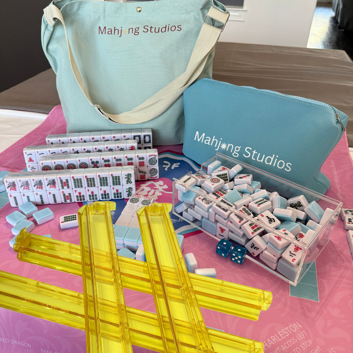 American Mahjong Set 166 Tiles Bundle - Green Bag Pink Mat 2-color blue tiles: Bright Multi