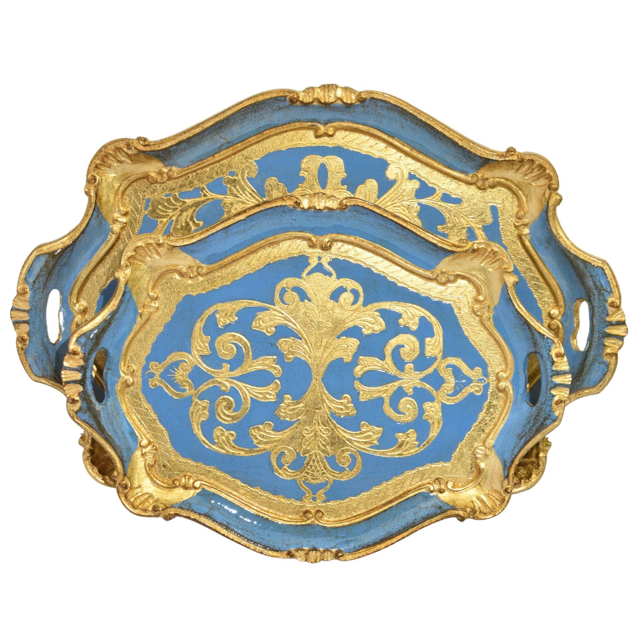 Florentine Carved Oval Scalloped Wood Tray with Handles: Pink / Large