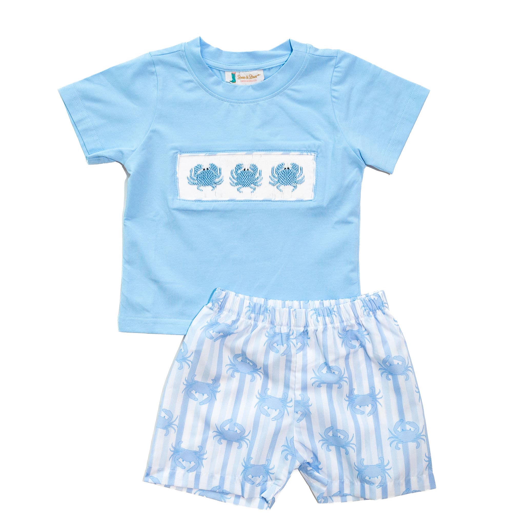 Boy Smocked Blue Crab Shorts Set: 18M