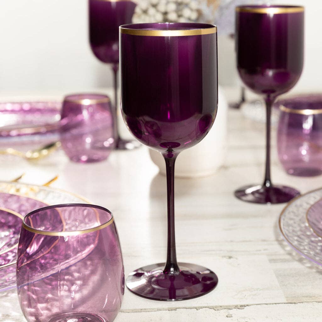 12 oz. Purple Stemless Wine Goblets With Gold Rim 6 Pack
