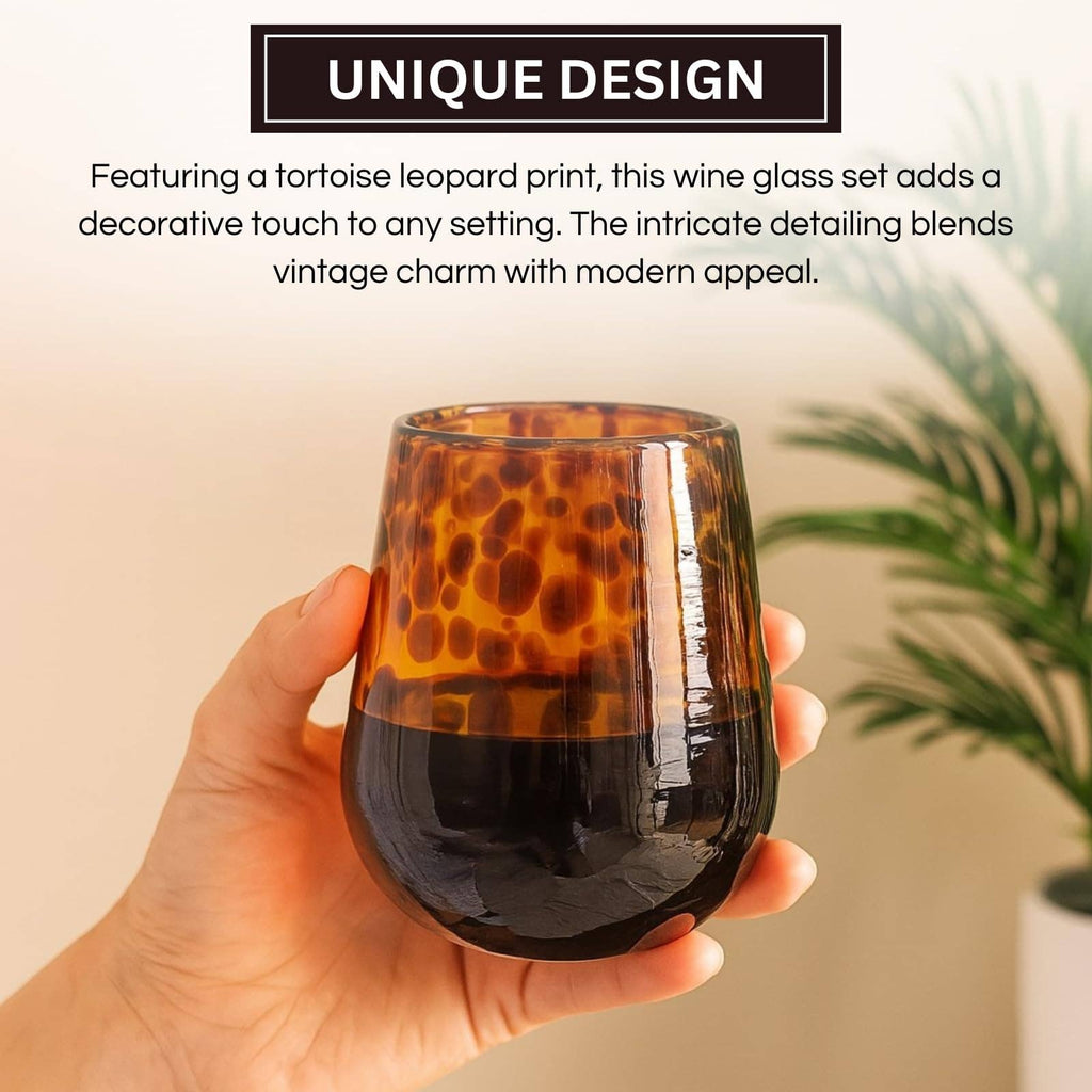 Leopard Print Amber Colored Stemless Wine Glass |  Set of 2