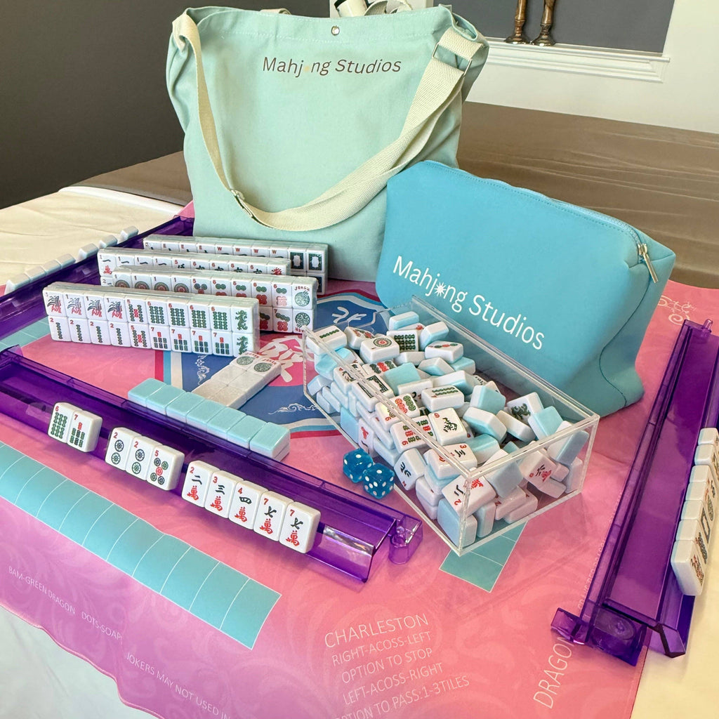 American Mahjong Set 166 Tiles Bundle - Green Bag Pink Mat 2-color blue tiles: Bright Multi