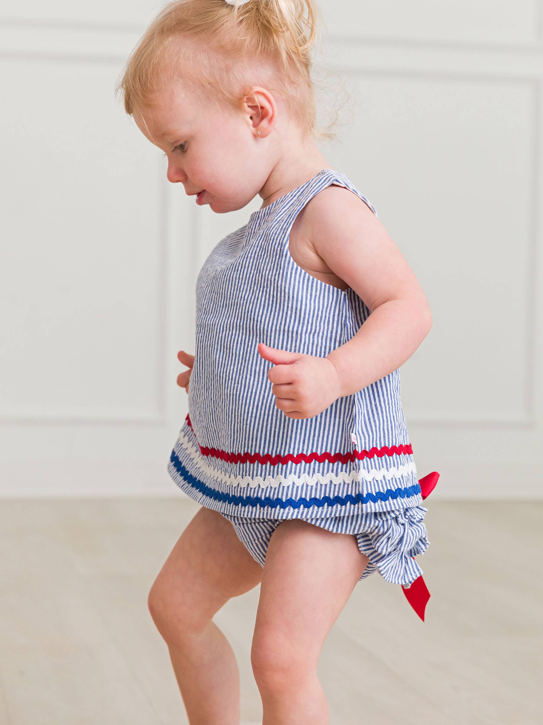 Baby Girls Americana Classic Blue Seersucker Ric Rac Swing Top & Bloomer Set: 2T
