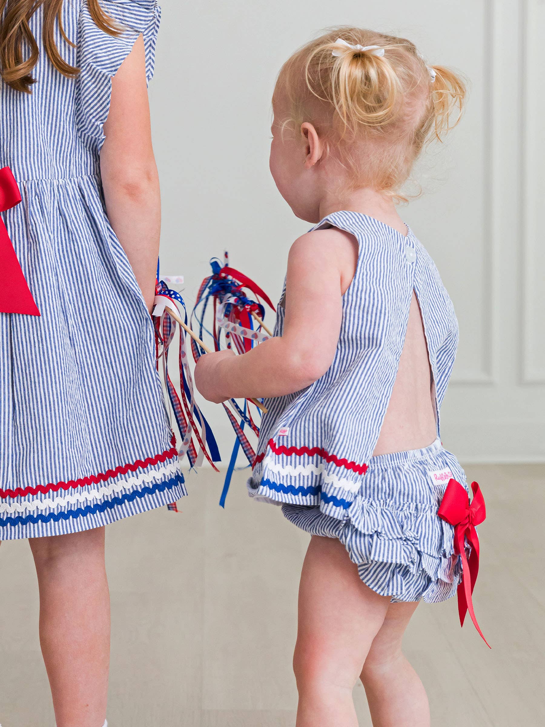 Baby Girls Americana Classic Blue Seersucker Ric Rac Swing Top & Bloomer Set: 0-3m