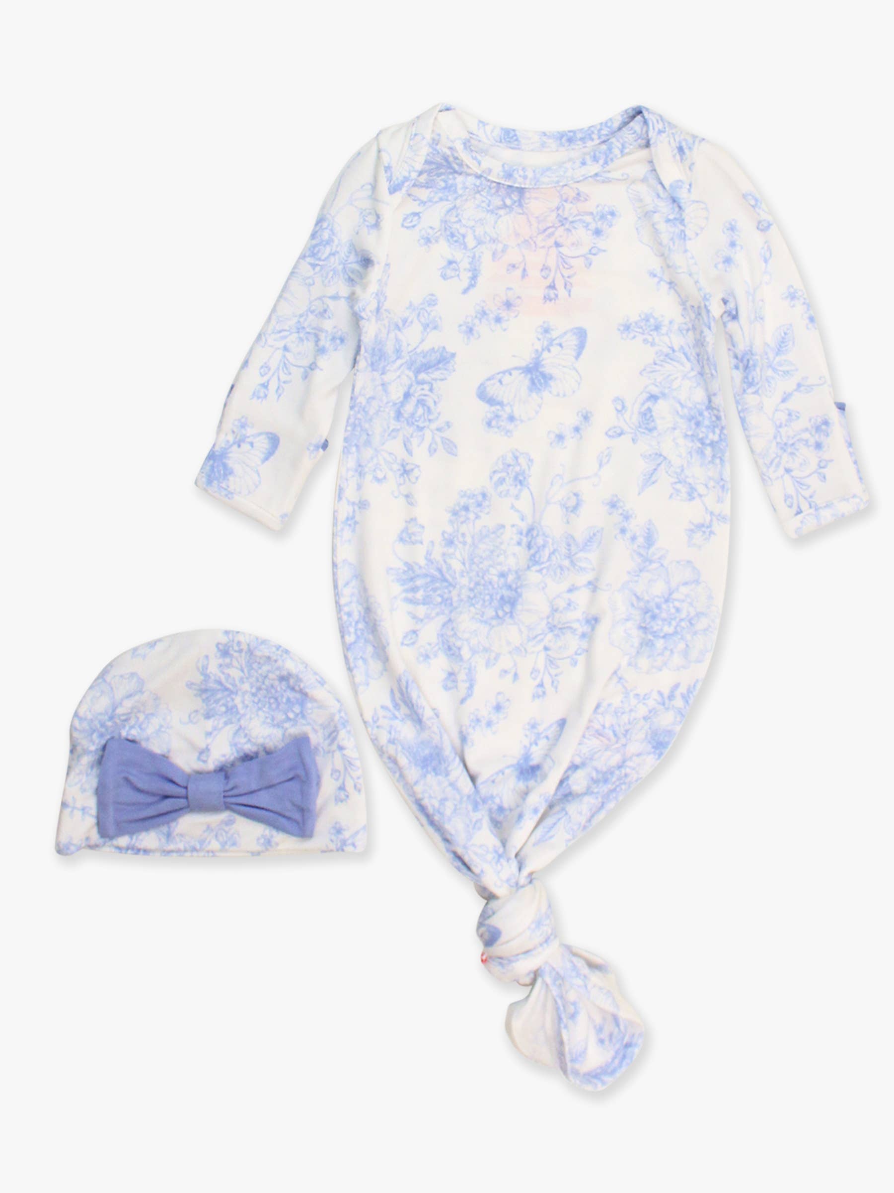 SoftSnooze™ Baby Girls Bamboo Viscose Periwinkle Butterfly Garden Ruffle Knotted Sleep Gown & Bow Hat Set: Blue / Newborn-3m