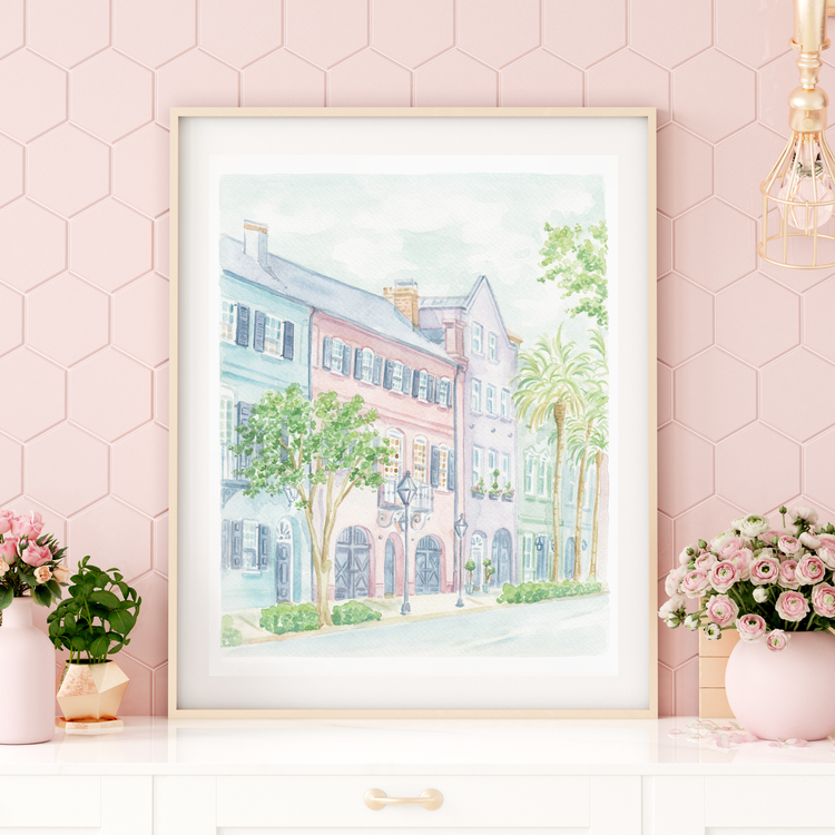 Rainbow Row Watercolor Art Print: 8x10