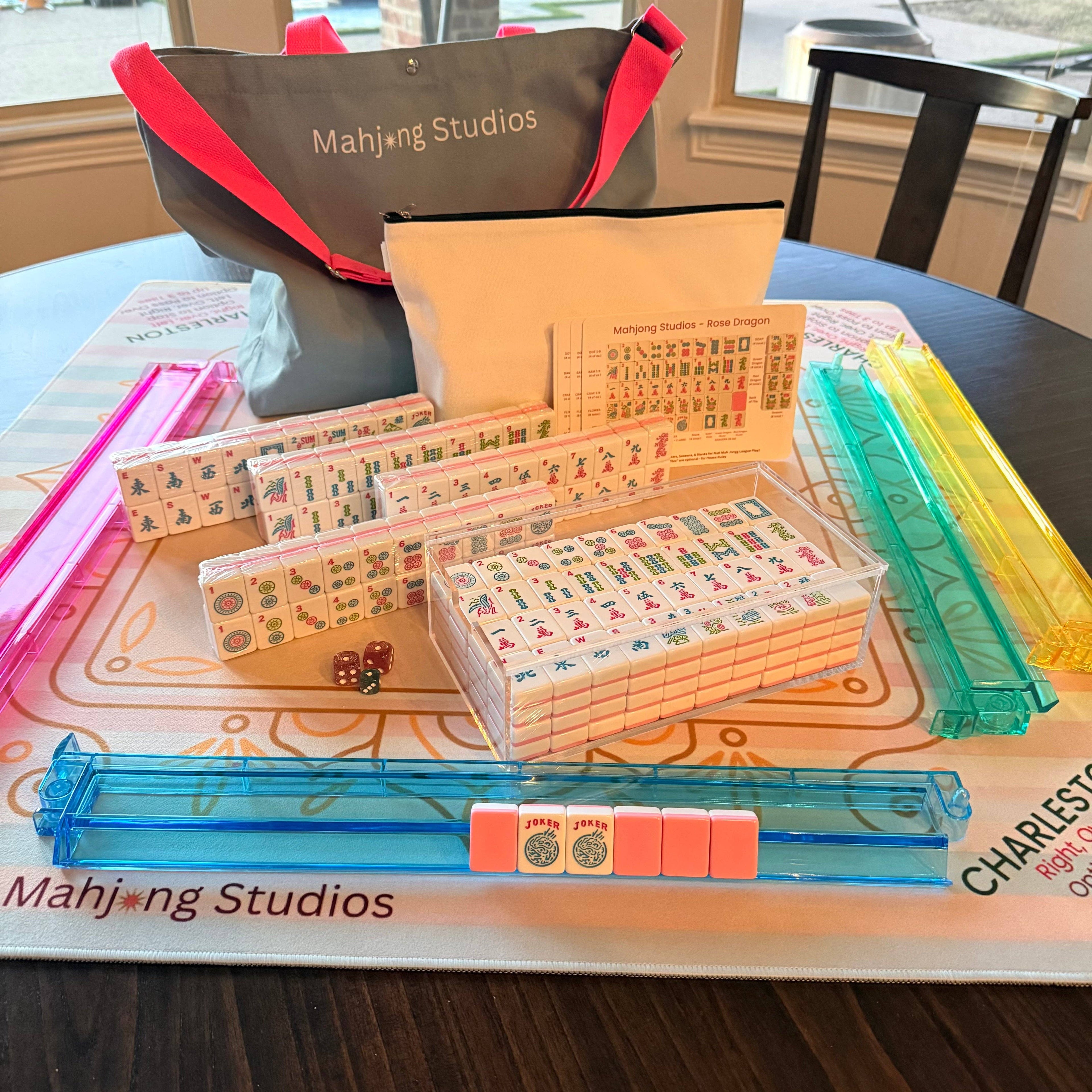 Mahjong Studios – Rose Dragon American Mahjong Tile Set (166 Tiles): All In One - Carry Bag + Tiles & Bag + Mat + Racks + Instructions