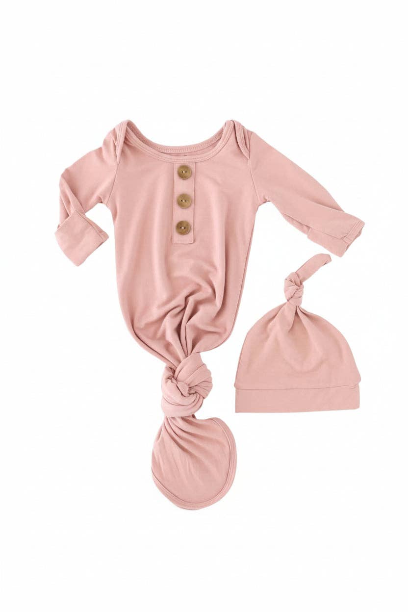 Solid Mauve Bamboo Baby Knot Gown & Hat: Newborn / 7-14lbs+
