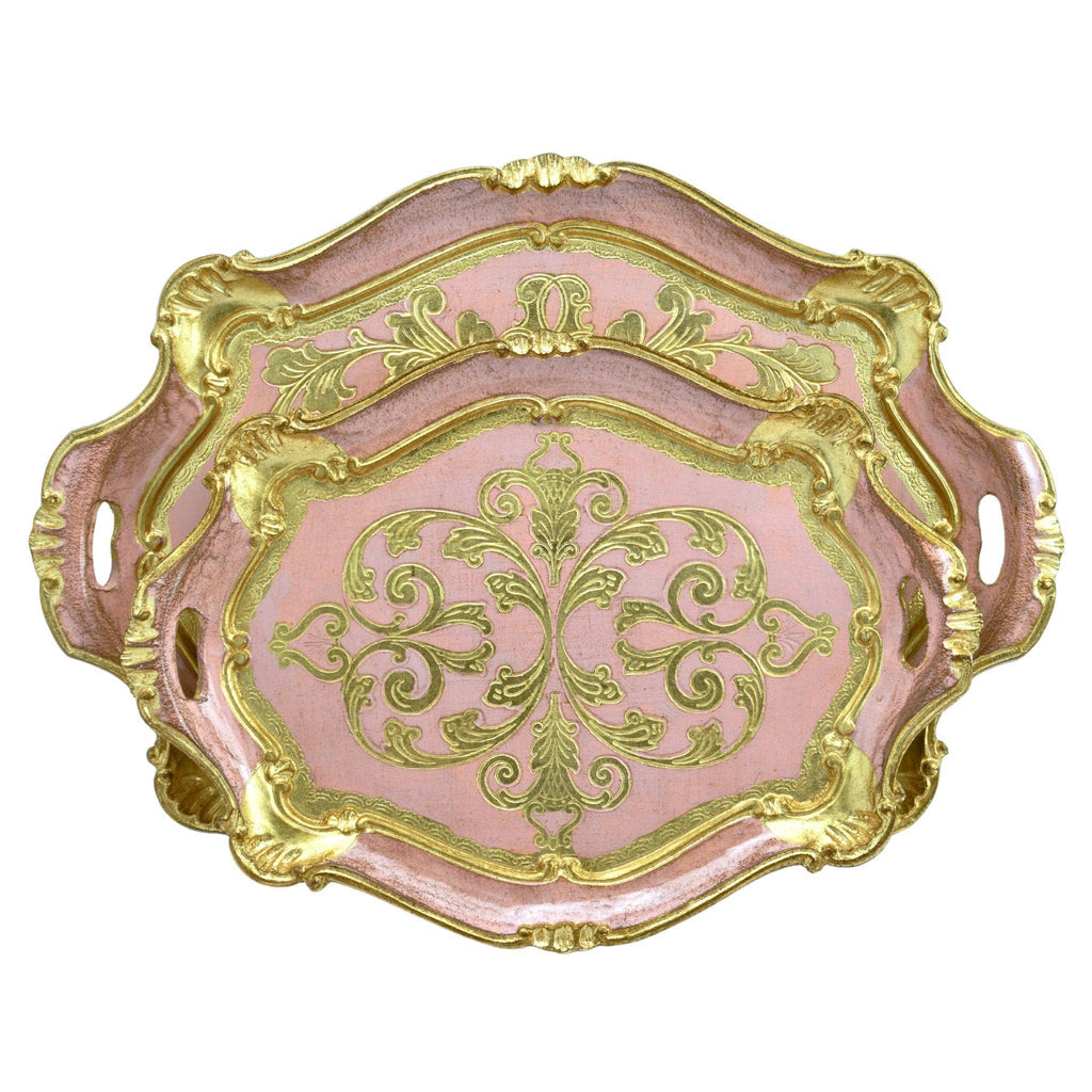 Florentine Carved Oval Scalloped Wood Tray with Handles: Cappuccino / Large