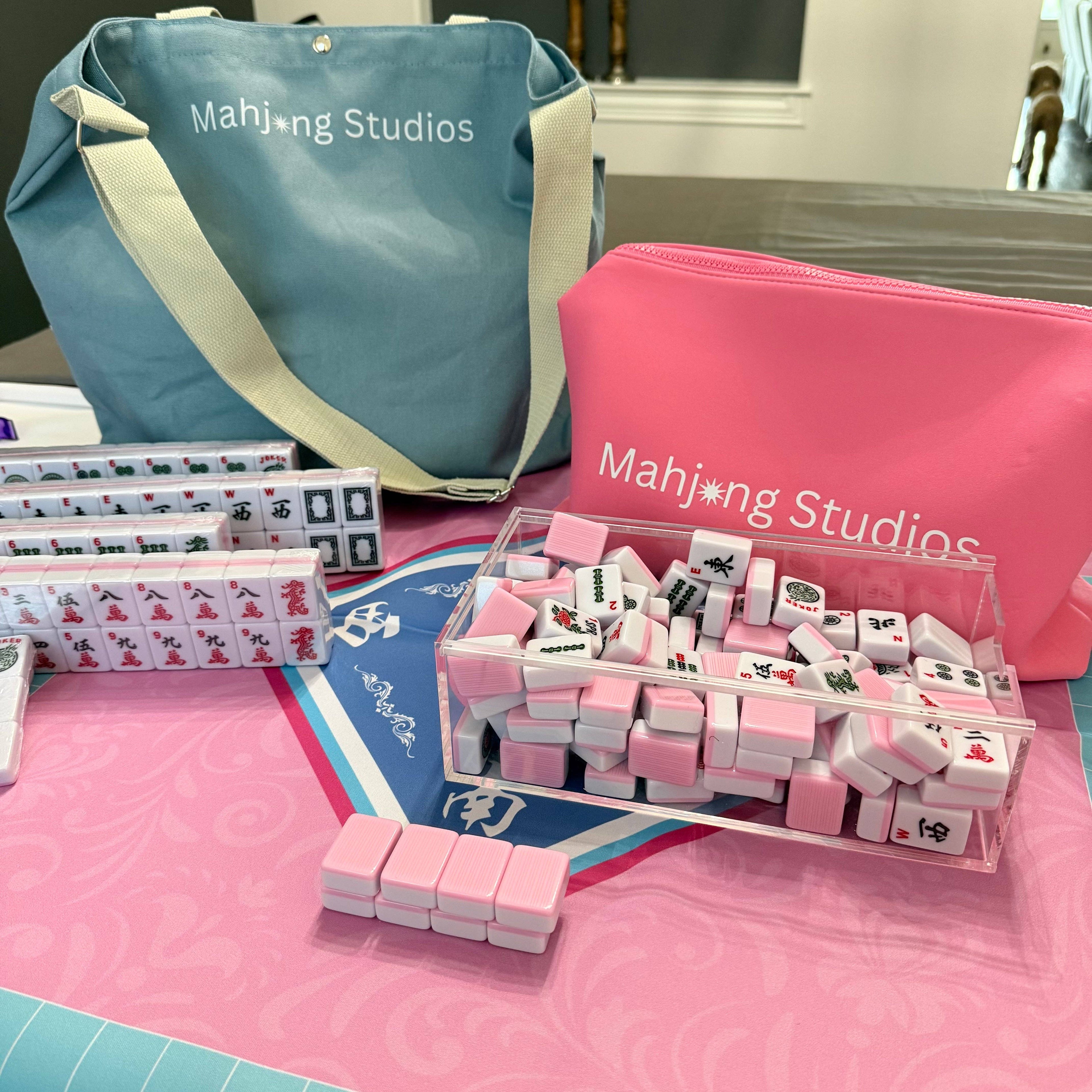 All In One - Mahjong Bundle - American Mahjong Set 166 Tiles - Blue & Tan Bag Pink Mat 2-color Pink Tiles: Purple