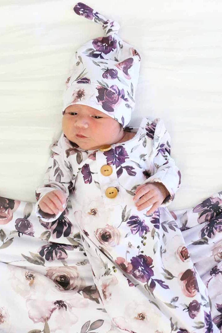 Demi's Dusty Purple Floral Newborn Baby Knot Gown & Hat Set