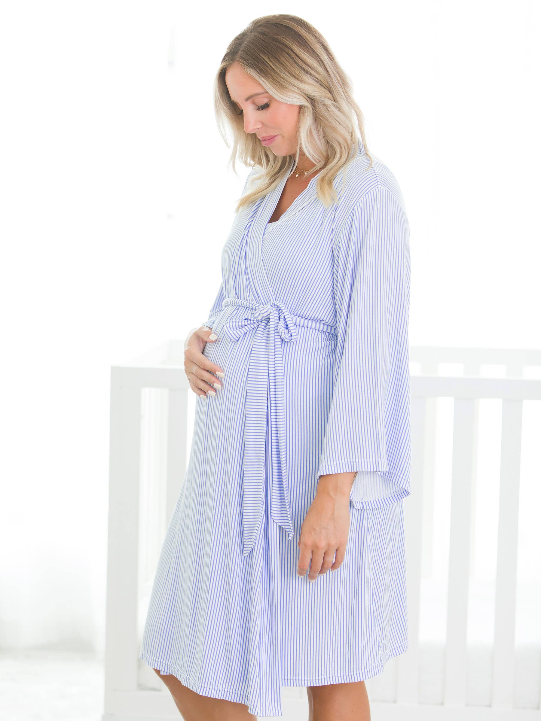 SoftSnooze™ Women's Bamboo Viscose Periwinkle & White Micro Stripe Mommy & Me Maternity Robe: Blue / One Size