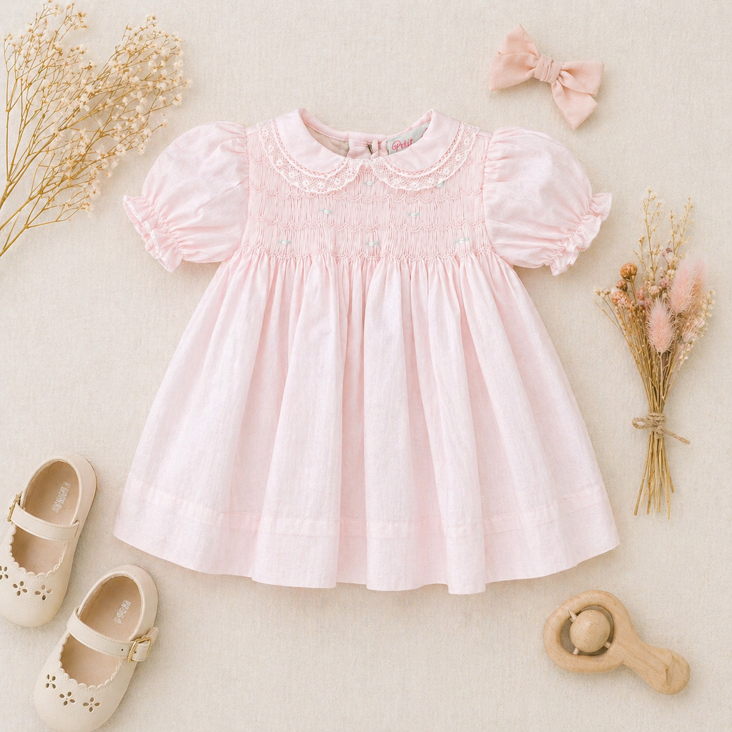 Fully Smocked Dress with Lace: Pink / 9 Month