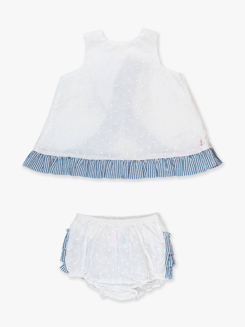 Baby Girls White & Classic Blue Seersucker Swiss Dot Swing Top & Bloomer Set: 12-18m