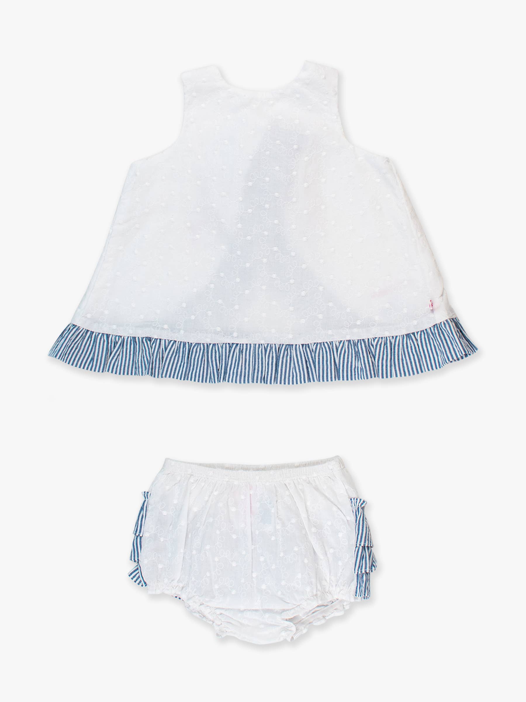 Baby Girls White & Classic Blue Seersucker Swiss Dot Swing Top & Bloomer Set: 0-3m