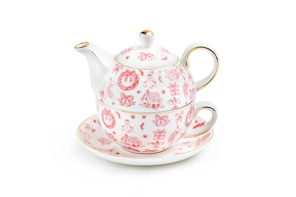 Christmas Pink Bow Fine Porcelain Tea For One Set