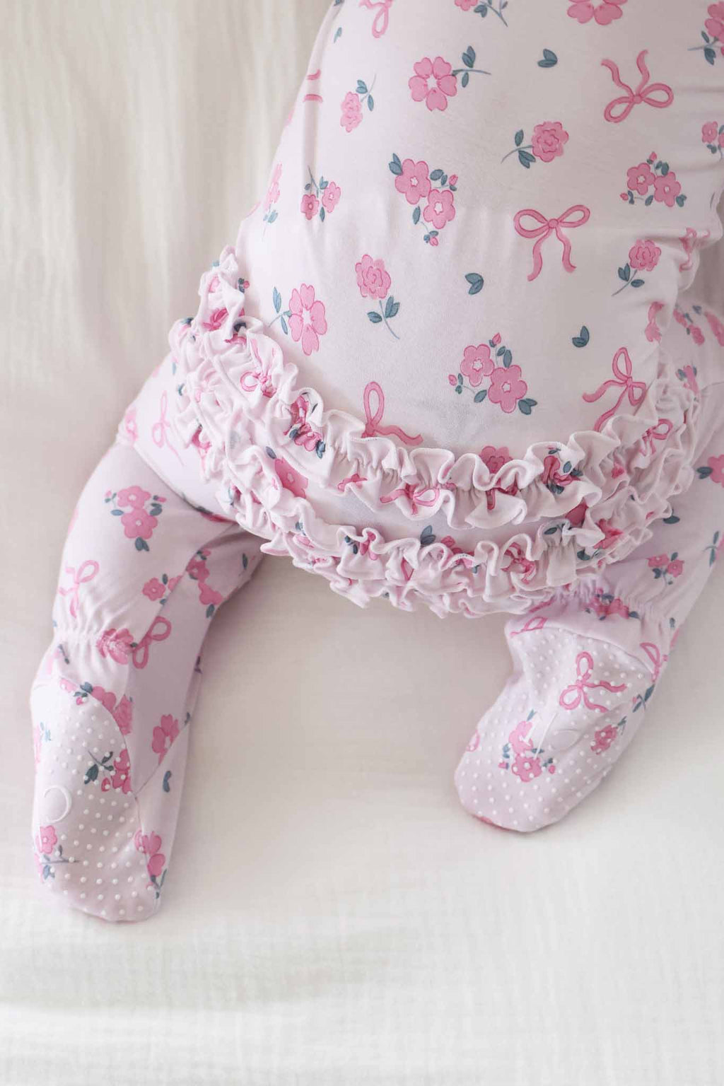 Ribbon & Roses Ruffle Zipper Footie | Pink: 6-9 months