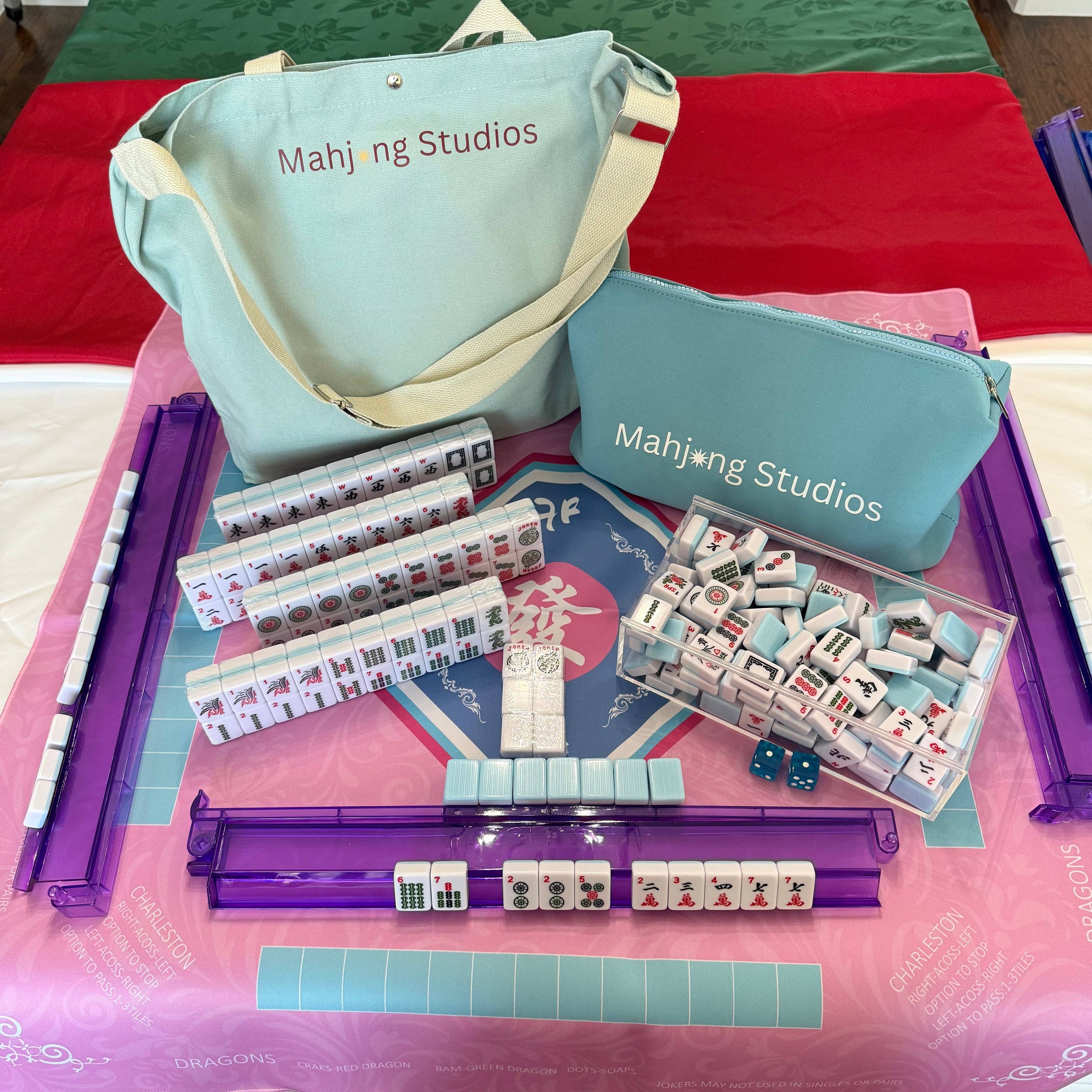 American Mahjong Set 166 Tiles Bundle - Green Bag Pink Mat 2-color blue tiles: Bright Multi