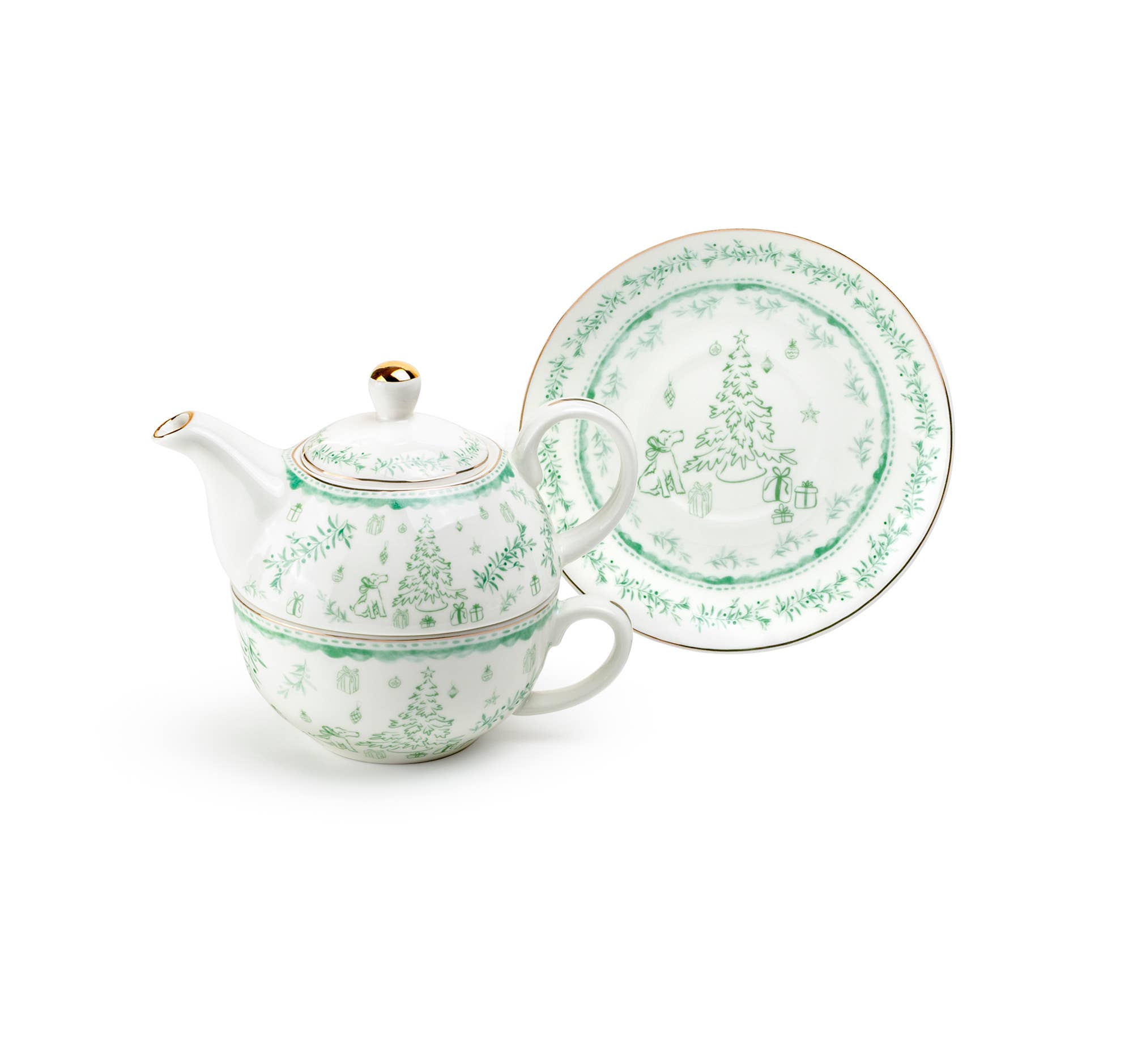 Festive Pup and Tree Fine Porcelain Tea For One Set